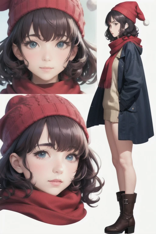 girl,Character design sheet,Beautiful attention to detail,Beautiful lip detail,Very detailed目と顔,Long eyelashes,Realistic,photoRealistic:1.37,Very detailed,Professional,Vibrant colors,Portraiture,Studio Lighting,Physically Based Rendering,High resolution,超High resolution. blue eyes,Big eyes，Long Hair，Curly hair、Black Hair，Red cheeks，Lower eyes，Knitted hat，Scarf，coat、boots，profile