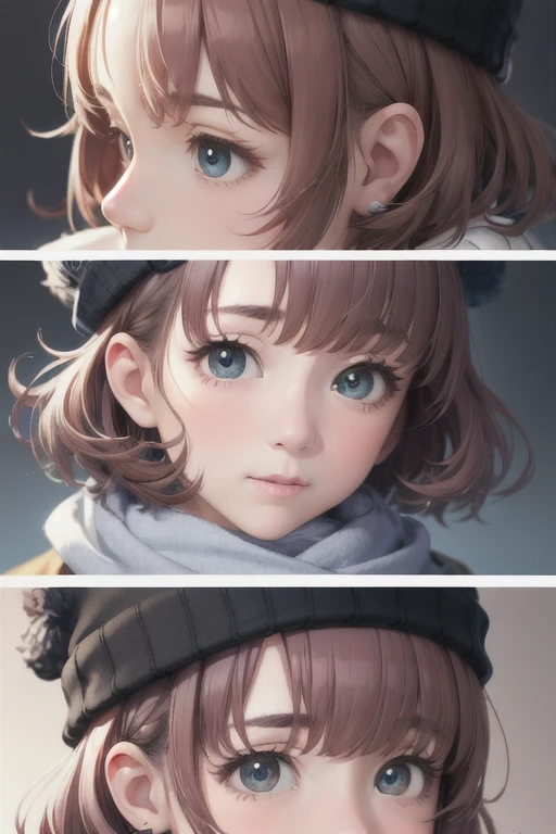 girl,Character design sheet,Beautiful attention to detail,Beautiful lip detail,Very detailed目と顔,Long eyelashes,Realistic,photoRealistic:1.37,Very detailed,Professional,Vibrant colors,Portraiture,Studio Lighting,Physically Based Rendering,High resolution,超High resolution. blue eyes,Big eyes，Long Hair，Curly hair、Black Hair，Red cheeks，Lower eyes，Knitted hat，Scarf，coat、boots，profile