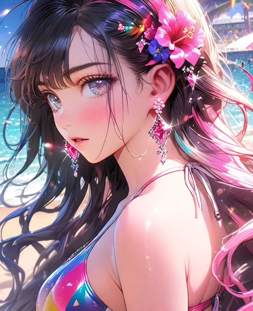 8K,gal,Beautiful and realistic skin,Shiny jewel-like earrings,pink glowing tattoo,Long colerful hair,blue eyes,Night view,Sparkling landscape,whole body,Leopard print swimsuit,Summer beach,Splash