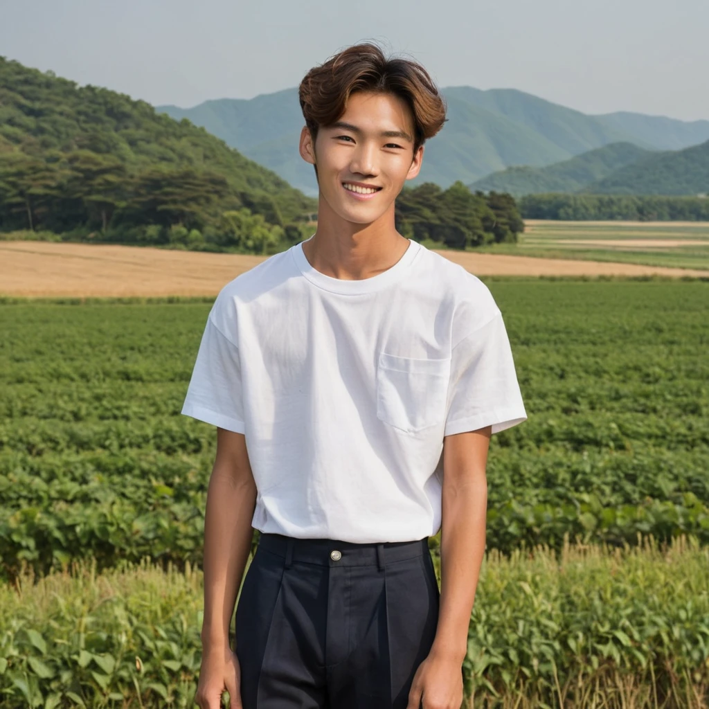 A 19-year-old high school boy from a rural area in South Korea, standing outside with a slightly tan complexion. He is wearing a with a white shirt, dark pants. His hair is short and neatly styled, The background features a picturesque countryside scene with fields, trees, and a distant mountain range under a clear blue sky. He has a shy smile on his face, and his posture is relaxed yet slightly reserved. ((3boys))