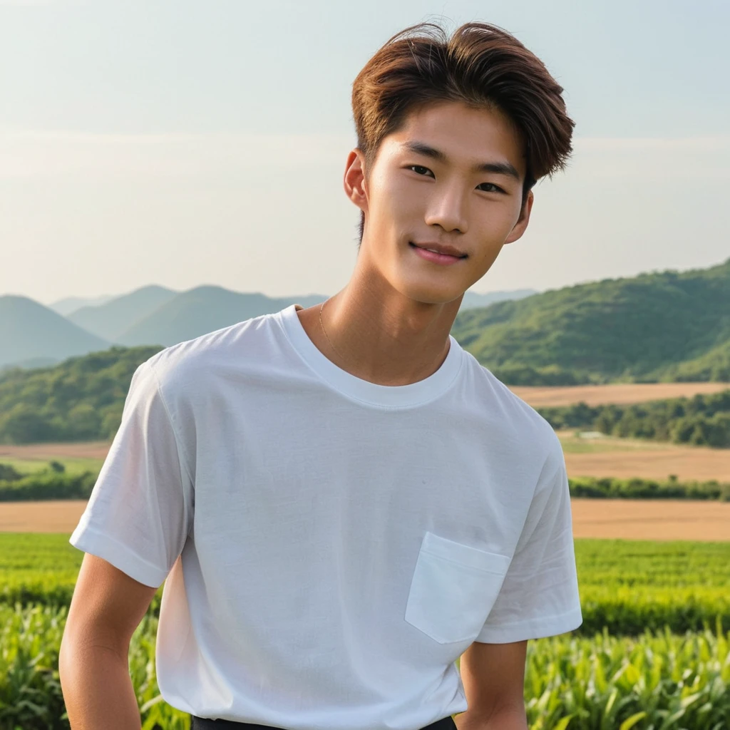 A 19-year-old high school boy from a rural area in South Korea, standing outside with a slightly tan complexion. He is wearing a with a white shirt, dark pants. His hair is short and neatly styled, The background features a picturesque countryside scene with fields, trees, and a distant mountain range under a clear blue sky. He has a shy smile on his face, and his posture is relaxed yet slightly reserved. ((3boys))