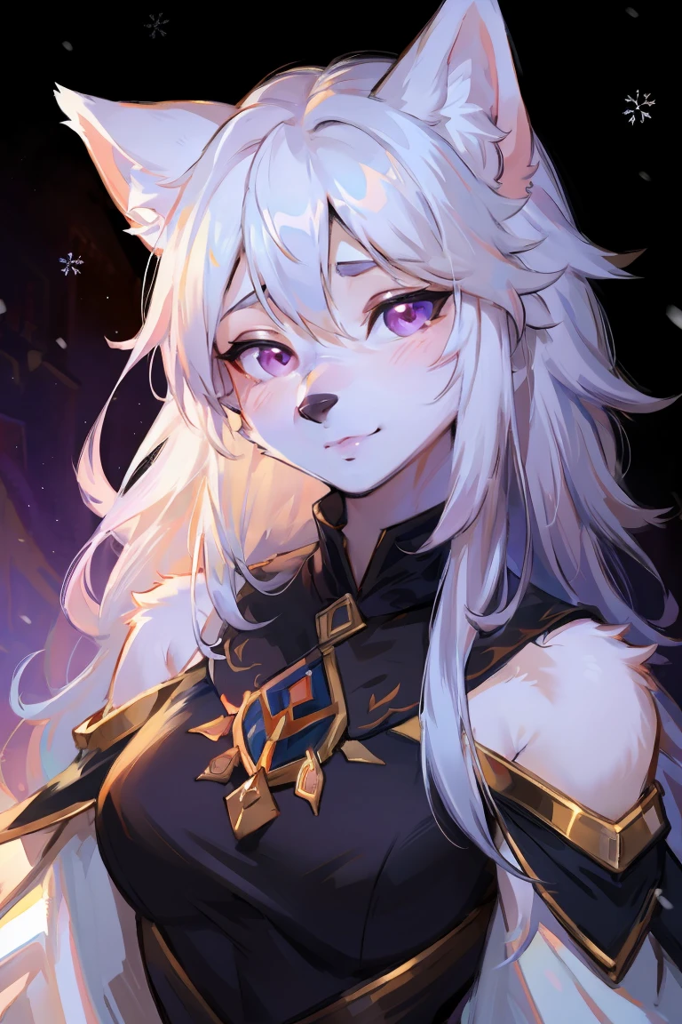 Top quality, best quality, High-quality illustrations, masterpiece, Ultra-high resolution, 详细background, (Wolf_girl:1.2),Beautiful figure,Height 193 cm,close_up,(Fluffy anthropomorphic furry :1.6),curls,fur,Neck hair,Extremely fine fur,aldult, 33 years old, Mature, Solitary,Solitary, By fumiko, author：hyattlen, author Hioshiru, Snow-white wolf girl, High target, Mature, nose, Long white hair, White ears, Purple Eyes, 黑nose, wearing a black top, portrait, blush, 咯咯lol, lol, Squinting, Head tilt, 腼腆的微lol, Shy, 无background, Dress up《Assassin&#39;s Creed》The Assassin, White+gold, XL Bust, Use wrist blade. background: Renaissance City. Unreal Engine 5, Japanese cartoons, Japanese cartoons style, masterpiece, Well drawn eyes, Very well drawn face, Delicate eyes, The face is rich in detail, 8K, Light and shadow effects.  