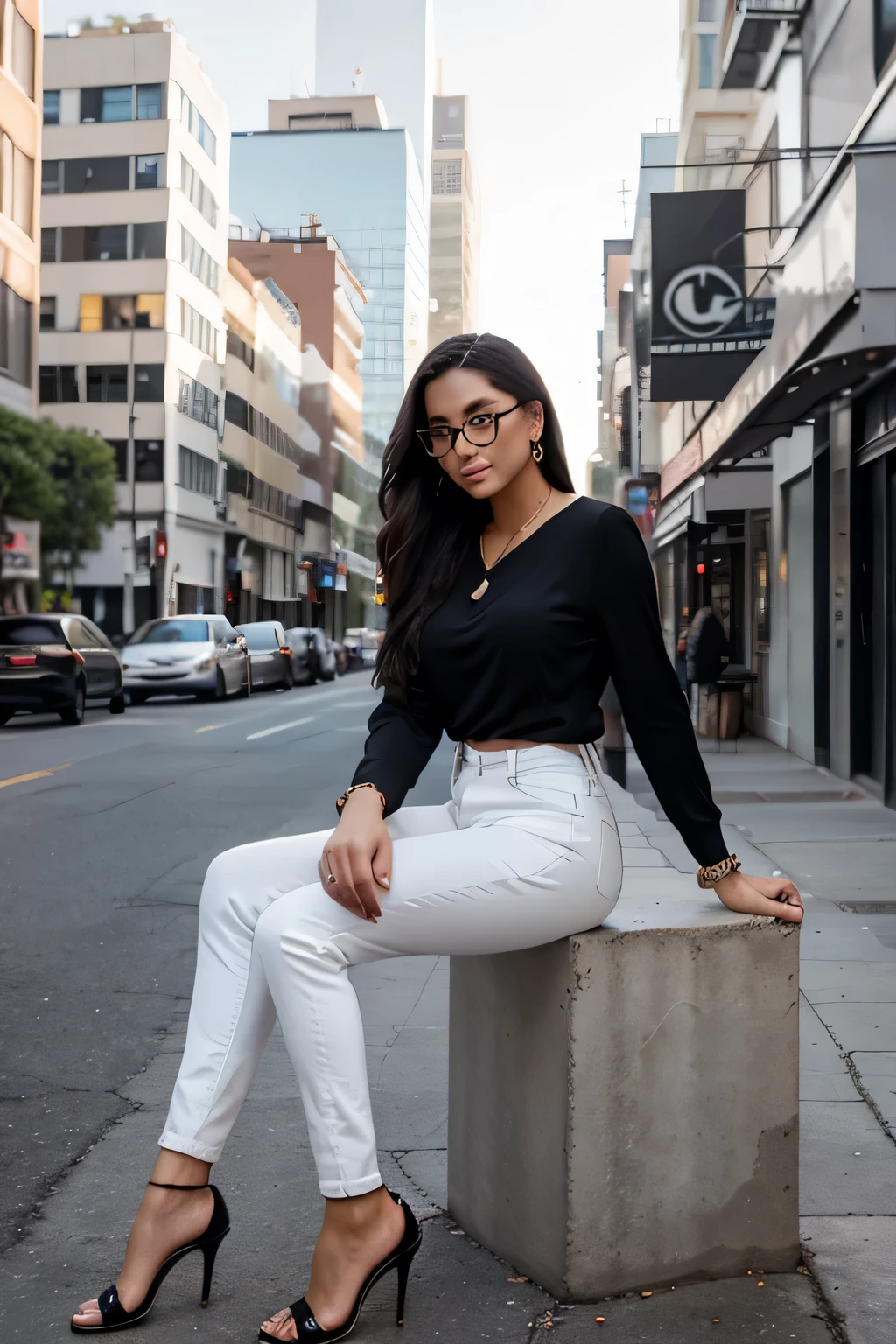 Outfit: Casual wear, such as chic jeans or tailored pants paired with a fashionable blouse or top. Include a stylish jacket or blazer for added sophistication.
Footwear: High heels that complement the casual yet stylish outfit.
Accessories: Fashionable eyeglasses that add a touch of intellect and glamour. Include subtle jewelry like earrings and a delicate necklace.
Pose and Setting: Various poses to showcase her confidence and elegance, with a backdrop that reflects a Hollywood photoshoot—think sleek, modern interiors or iconic cityscapes.
Lighting: Professional studio lighting that highlights her features and outfit, creating a polished and high-fashion look.
Example Scenarios:
City Street Glam: Amara walking confidently down a stylish urban street, wearing high heels, a chic blouse, fitted jeans, and eyeglasses. The cityscape in the background adds a dynamic and vibrant feel.
Cafe Chic: Amara sitting at an outdoor cafe, casually yet elegantly dressed in a fashionable top, slim-fit pants, and high heels. Her eyeglasses add a touch of sophistication as she enjoys a coffee, with a blurred city background.
Studio Shine: A full-body shot of Amara in a professional studio setting. She is posing confidently in casual wear with high heels and eyeglasses, showcasing her stylish and modern look against a sleek, minimalist background.
Park Stroll: Amara walking through a picturesque park, wearing a casual yet elegant outfit with high heels and eyeglasses. The natural scenery complements her stylish appearance, creating a serene and fashionable image.
Key Phrases for AI:
"Elegant Ethiopian woman"
"Long flowing black hair"
"Casual wear with high heels"
"Stylish eyeglasses"
"Hollywood photoshoot style"
"Confident and sophisticated"
"Full-body photos"
"Modern and fashionable"
"Professional studio lighting"
"Urban cityscape backdrop"