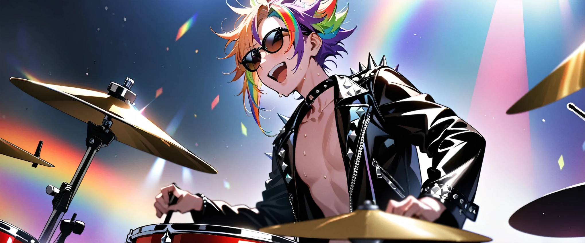 (((masterpiece,Highest quality))),(((A male anime character with a multi-colored, spiky hairstyle, sunglasses, and a somewhat revealing patent leather jacket and Visual Kei outfit.))),((Wearing a small hat at an angle)),(((Sitting on the drum set and playing))),(((Playing the drum set on a live stage,Sweating and laughing as he hits the ball))),Focus on the upper body,(high quality),アニメ,rainbow highlights hair,streaked hair