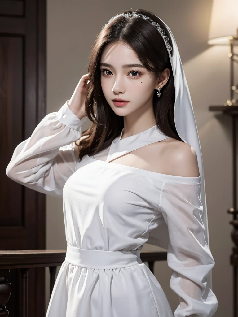 absurdres, RAW photo, extremely delicate and beautiful, masterpiece, Best Quality, ultra high resolution, 32k, hyperrealistic, ultra-detailed, perfect ???????, super Detailed skin, perfect figure, Super Beauty, Perfect Style, Perfect balance, Beautiful Lighting, Perfect Lightning, Realistic Shadows, 20 years old, very Slim body, narrow waist, very small head, very small face, delicate facial features, handsome detailed woman, very detailed eyes and face, realistic face proportions, Realistic beautiful face, Realistic beautiful eyes, tearful mole, earring, very huge round breasts, legs, medium hair, asymmetrical hair, full body shot, indoor, dress, long sleeves, nun, off-shoulder, face veil,