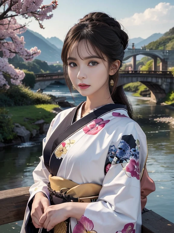 (Highest quality、 8k 、masterpiece、High resolution)、(whole body)、Vibrant colors、Brown-black bob、Traditional round topknot、Ample breasts、(Highly detailed face and eyes、Beautiful Face、Beautiful Eyes、Beautiful nose、Pretty lips)、 (Beautiful woman standing on a riverside observation deck)、(A friendly gaze)、(Oh!！Facial expression that)、(Vivid floral patterned kimono)、Official Art、  The background is a wide river、Nearby bridge、Riverside streetscape、Mountains in the distance、Detailed CG、