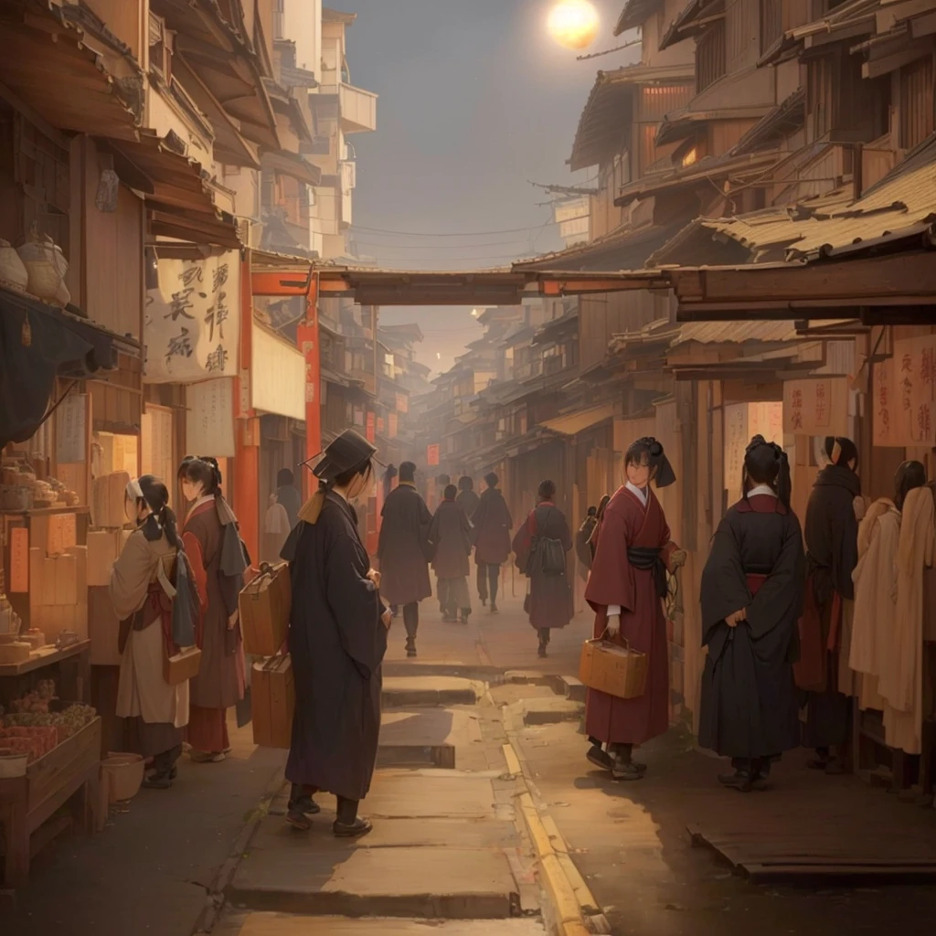 people々A picture of a busy street with people walking around, Luan Jia, Dreamy city in China, Painterly concept art, by Han Gan, Digital Painting Concept Art, Old Japanese street market, Bayard Wu, Written by Zou Zhe, Chinatown Blade Runner, by Zou Igui, Blazing flames by Nie Yuanlu, fire, crowd, throng, freezing, mother warming her baby.Scenery and Cityscape in the Early Meiji Era After the Meiji Restoration, Japan underwent rapid modernization and civilization. Consequently, many changes and reforms occurred. Below is a detailed explanation of the scenery, appearance of the poor, occupations, and cityscapes in the early Meiji period (1868 to the early 1880s). 2. Appearance of the Poor Life for the impoverished and lower classes remained harsh. In particular, in urban areas, people migrated from rural areas or unemployed artisans gathered, intensifying competition in the labor market. Many of them struggled with poverty, often residing in slums or around temples. 3. Occupations Meiji early Japan witnessed a diversification of occupations. Traditional agriculture and handicrafts were accompanied by the rise of modern industry and commerce. Particularly in urban areas, factory workers, shop clerks, and transporters increased, giving rise to new professions. However, many in these occupations endured harsh working conditions. 4. Influence of Civilization and Enlightenment During the Meiji era, Western cultural influences spread rapidly. Changes in clothing, dietary habits, and the proliferation of Western-style architecture advanced, especially in urban areas. Conversely, this development posed a threat to traditional culture and lifestyles, resulting in societal upheaval and adaptation challenges. 5. Social Change and Policy Influence While promoting modernization policies, the government also addressed poverty and social issues. Legislation for labor protection and charitable activities to aid the poor were implemented. Nevertheless, living conditions for the impoverished scarcely improved. The early Meiji period marked a rapid transformation in Japan, with complex social landscapes