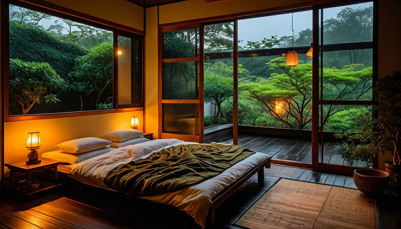 The picture shows a cozy bedroom with large windows offering views of the beautiful, dimly lit garden AND FLOWER-soaked gardens. CINEMATIC, gloomy, cloudy atmosphere outside JAPANESE HOUSE, This room has tatami floors, shoji doors and minimalist wooden furniture. . The bed was unmade with crumpled sheets, indicating only sleep in peace. looks dim, gloomy. Beside the bed there is a small table with a classic lamp burning which radiates warm light into the room. Outside the window, lush green plants can be seen on the terrace or balcony area, rain is falling, the lamp on the left provides warm lighting, creating a calm and peaceful atmosphere. with mist partially obscuring the landscape in the distance. The contrast between the warmth indoors and the rain outdoors creates an inviting and calming atmosphere