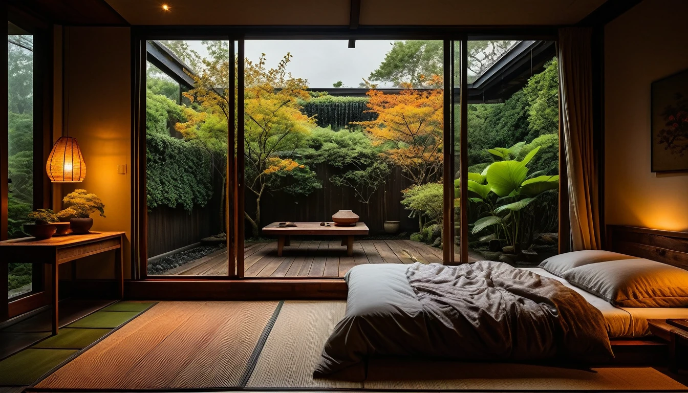 The picture shows a cozy bedroom with large windows offering views of the beautiful, dimly lit garden AND FLOWER-soaked gardens. CINEMATIC, gloomy, cloudy atmosphere outside JAPANESE HOUSE, This room has tatami floors, shoji doors and minimalist wooden furniture. . The bed was unmade with crumpled sheets, indicating only sleep in peace. looks dim, gloomy. Beside the bed there is a small table with a classic lamp burning which radiates warm light into the room. Outside the window, lush green plants can be seen on the terrace or balcony area, rain is falling, the lamp on the left provides warm lighting, creating a calm and peaceful atmosphere. with mist partially obscuring the landscape in the distance. The contrast between the warmth indoors and the rain outdoors creates an inviting and calming atmosphere