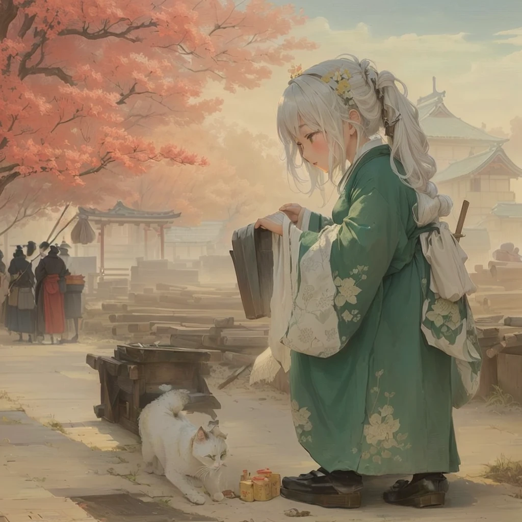 Painting of a woman in a green dress and a cat, artwork in the style of Gwaiz, Gwaiz, Gwaiz on pixiv artstation, Beautiful artwork illustration, Gwaiz on artstation pixiv, Xin Haicheng, Gwaiz masterpiece, palace , Girl in Han Dress, by Tosa Mitsuhiro Blazing flames, fire, crowd, throng, freezing, mother warming her baby.Scenery and Cityscape in the Early Meiji Era After the Meiji Restoration, Japan underwent rapid modernization and civilization. Consequently, many changes and reforms occurred. Below is a detailed explanation of the scenery, appearance of the poor, occupations, and cityscapes in the early Meiji period (1868 to the early 1880s). 2. Appearance of the Poor Life for the impoverished and lower classes remained harsh. In particular, in urban areas, people migrated from rural areas or unemployed artisans gathered, intensifying competition in the labor market. Many of them struggled with poverty, often residing in slums or around temples. 3. Occupations Meiji early Japan witnessed a diversification of occupations. Traditional agriculture and handicrafts were accompanied by the rise of modern industry and commerce. Particularly in urban areas, factory workers, shop clerks, and transporters increased, giving rise to new professions. However, many in these occupations endured harsh working conditions. 4. Influence of Civilization and Enlightenment During the Meiji era, Western cultural influences spread rapidly. Changes in clothing, dietary habits, and the proliferation of Western-style architecture advanced, especially in urban areas. Conversely, this development posed a threat to traditional culture and lifestyles, resulting in societal upheaval and adaptation challenges. 5. Social Change and Policy Influence While promoting modernization policies, the government also addressed poverty and social issues. Legislation for labor protection and charitable activities to aid the poor were implemented. Nevertheless, living conditions for the impoverished scarcely improved. The early Meiji period marked a rapid transformation in Japan, with comple
