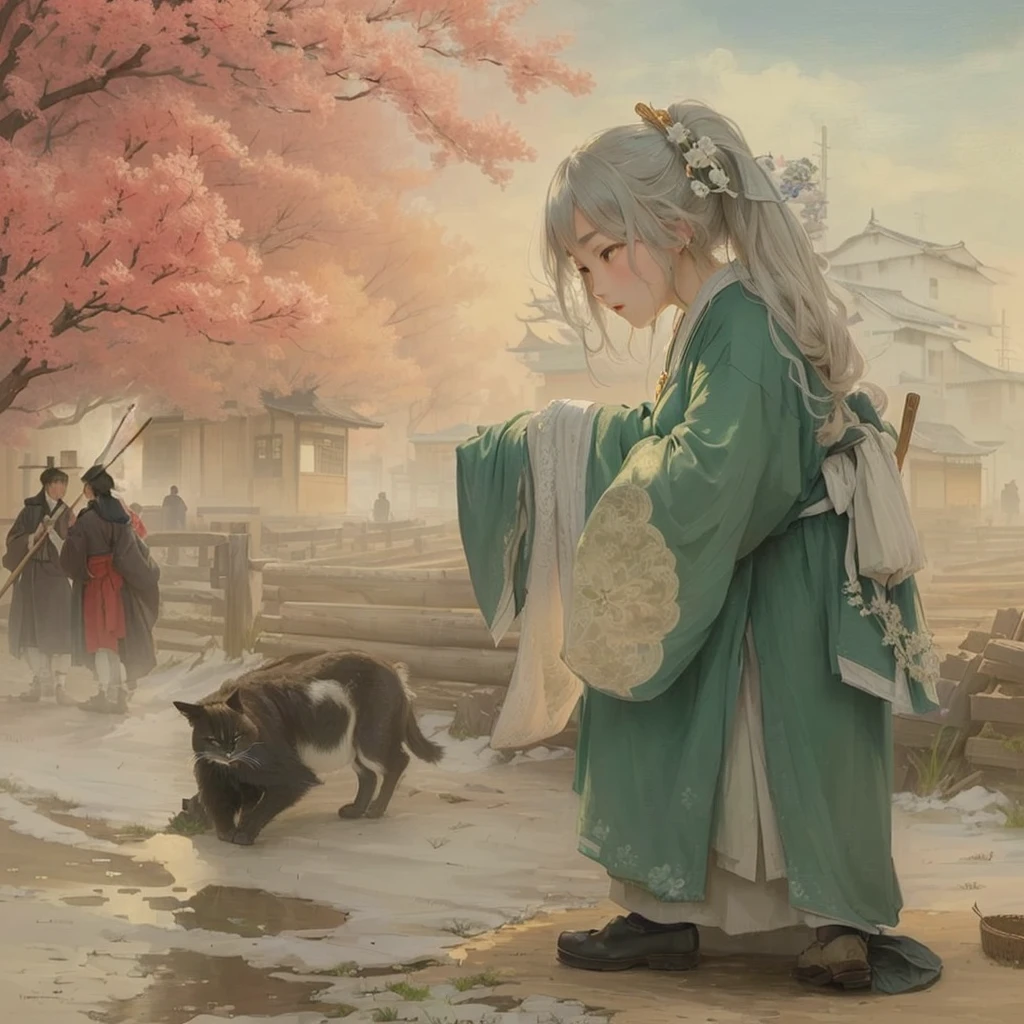 Painting of a woman in a green dress and a cat, artwork in the style of Gwaiz, Gwaiz, Gwaiz on pixiv artstation, Beautiful artwork illustration, Gwaiz on artstation pixiv, Xin Haicheng, Gwaiz masterpiece, palace ， Girl in Han Dress, by Tosa Mitsuhiro Blazing flames, fire, crowd, throng, freezing, mother warming her baby.Scenery and Cityscape in the Early Meiji Era After the Meiji Restoration, Japan underwent rapid modernization and civilization. Consequently, many changes and reforms occurred. Below is a detailed explanation of the scenery, appearance of the poor, occupations, and cityscapes in the early Meiji period (1868 to the early 1880s). 2. Appearance of the Poor Life for the impoverished and lower classes remained harsh. In particular, in urban areas, people migrated from rural areas or unemployed artisans gathered, intensifying competition in the labor market. Many of them struggled with poverty, often residing in slums or around temples. 3. Occupations Meiji early Japan witnessed a diversification of occupations. Traditional agriculture and handicrafts were accompanied by the rise of modern industry and commerce. Particularly in urban areas, factory workers, shop clerks, and transporters increased, giving rise to new professions. However, many in these occupations endured harsh working conditions. 4. Influence of Civilization and Enlightenment During the Meiji era, Western cultural influences spread rapidly. Changes in clothing, dietary habits, and the proliferation of Western-style architecture advanced, especially in urban areas. Conversely, this development posed a threat to traditional culture and lifestyles, resulting in societal upheaval and adaptation challenges. 5. Social Change and Policy Influence While promoting modernization policies, the government also addressed poverty and social issues. Legislation for labor protection and charitable activities to aid the poor were implemented. Nevertheless, living conditions for the impoverished scarcely improved. The early Meiji period marked a rapid transformation in Japan, with comple