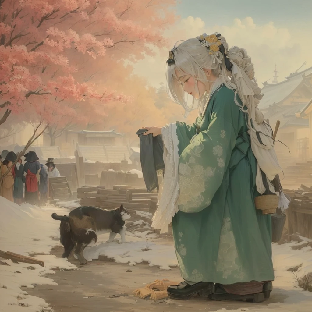 Painting of a woman in a green dress and a cat, artwork in the style of Gwaiz, Gwaiz, Gwaiz on pixiv artstation, Beautiful artwork illustration, Gwaiz on artstation pixiv, Xin Haicheng, Gwaiz masterpiece, palace ， Girl in Han Dress, by Tosa Mitsuhiro Blazing flames, fire, crowd, throng, freezing, mother warming her baby.Scenery and Cityscape in the Early Meiji Era After the Meiji Restoration, Japan underwent rapid modernization and civilization. Consequently, many changes and reforms occurred. Below is a detailed explanation of the scenery, appearance of the poor, occupations, and cityscapes in the early Meiji period (1868 to the early 1880s). 2. Appearance of the Poor Life for the impoverished and lower classes remained harsh. In particular, in urban areas, people migrated from rural areas or unemployed artisans gathered, intensifying competition in the labor market. Many of them struggled with poverty, often residing in slums or around temples. 3. Occupations Meiji early Japan witnessed a diversification of occupations. Traditional agriculture and handicrafts were accompanied by the rise of modern industry and commerce. Particularly in urban areas, factory workers, shop clerks, and transporters increased, giving rise to new professions. However, many in these occupations endured harsh working conditions. 4. Influence of Civilization and Enlightenment During the Meiji era, Western cultural influences spread rapidly. Changes in clothing, dietary habits, and the proliferation of Western-style architecture advanced, especially in urban areas. Conversely, this development posed a threat to traditional culture and lifestyles, resulting in societal upheaval and adaptation challenges. 5. Social Change and Policy Influence While promoting modernization policies, the government also addressed poverty and social issues. Legislation for labor protection and charitable activities to aid the poor were implemented. Nevertheless, living conditions for the impoverished scarcely improved. The early Meiji period marked a rapid transformation in Japan, with comple