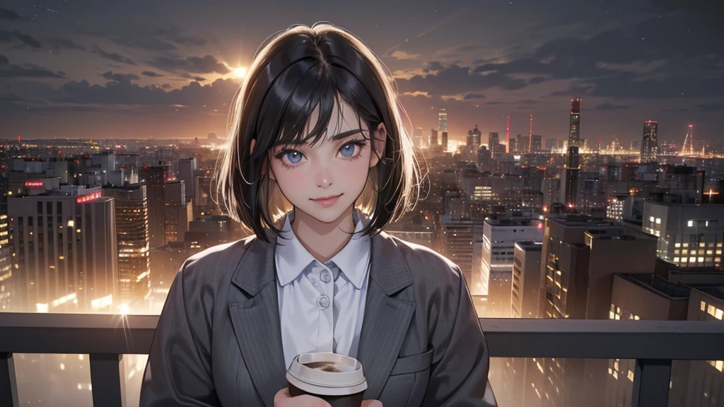 (perfect anatomy:1.2)(absurdres, highres, ultra detailed),masterpiece,best quality,high resolution,8k,Realistic face,Realistic skin texture,magnified textures, stunning clarity,detailed anime girl,(ultra detailed eyes and face),(1 girl:1.4),21 years old,office worker,black hair, bob cut,natural make,grey jacket,grey pants,black brouse,sparkling eyes.small nose,roundface,(in the it corporate office:1.3)standing,brown bag,(No one in the city office:2),(night:1.4),（look at viewer),(Coffee is offered to the VIEWER :1.5)(Happy Smile:1.2)(bashful:1.2),upper body