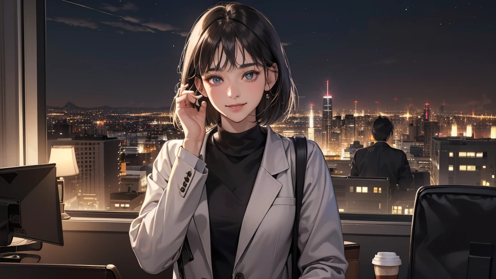 (perfect anatomy:1.2)(absurdres, highres, ultra detailed),masterpiece,best quality,high resolution,8k,Realistic face,Realistic skin texture,magnified textures, stunning clarity,detailed anime girl,(ultra detailed eyes and face),(1 girl:1.4),21 years old,office worker,black hair, bob cut,natural make,grey jacket,grey pants,black brouse,sparkling eyes.small nose,roundface,(in the it corporate office:1.3)standing,brown bag,(No one in the city office:2),(night:1.4),(look at viewer),(Coffee is offered to the VIEWER :1.5)(Happy Smile:1.2)(bashful:1.2),upper body