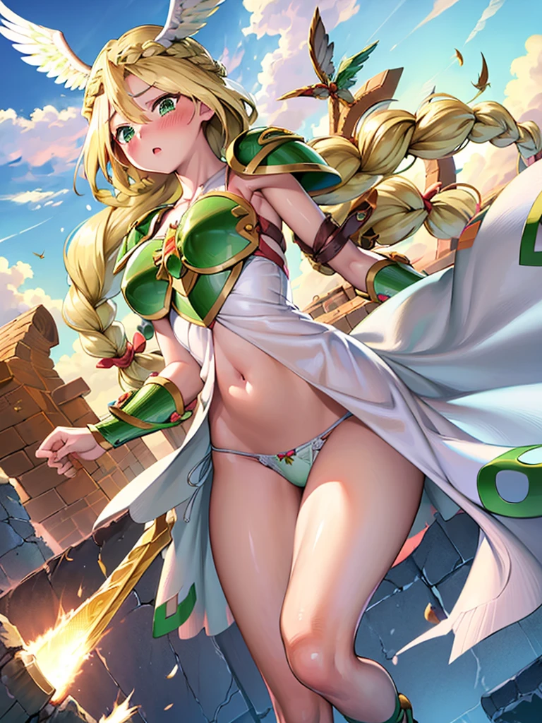 masterpiece,best quality,(1girl:1.5), 18yo, beautiful girl,BREAK,(Armor:1.3),(Helmet with wings:1.2),(Beautiful blonde,braid,Green Eyes:1.5),BREAK,(White Dress,navel exposed,Green panties:1.4),BREAK,(blush:1.5), (blue sky:1.2),(Running on clouds:1.3),(move chart:1.3),(fly in the sky:1.5)