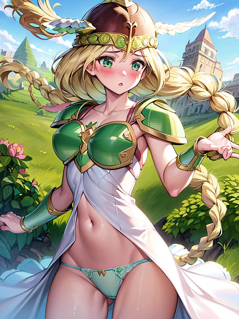 masterpiece,best quality,(1girl:1.5), 18yo, beautiful girl,BREAK,(Armor:1.3),(Helmet with wings:1.2),(Beautiful blonde,braid,Green Eyes:1.5),BREAK,(White Dress,navel exposed,Green panties:1.4),BREAK,(blush:1.5), (blue sky:1.2),(Running on clouds:1.3),(move chart:1.3),(fly in the sky:1.5)