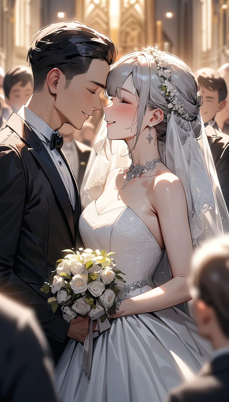 masterpiece, textured skin, high details, award winning, best quality, highres, 4K, (((head shot))),Beautiful groom and bride, Lined up next to each other,wedding,People who bless those around,Inside the church,Happy atmosphere,Blurred background