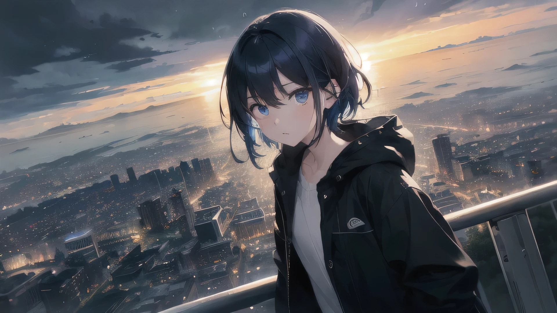 Confused, High resolution, (Official Art, beautifully、aesthetic:1.2), Close a view, Bright Sky, A vast world, girl, stare, Awe-inspiring expressions, Distant Horizon, cloud, High Hill, Natural beauty, Inspiration, Light effects,rain,cloudy sky,road,cloudy sky,rainが降る,1 female,evening,rain,A distant view,Small person,dark night,night,Black background,night,Blue Hair,blue eyes,Cloudy