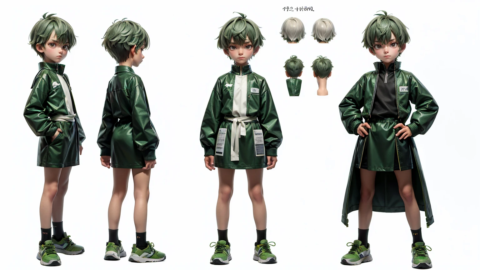 short height cute face boy, cute face, short height boy, wearing green dress, sports shoes, full standing pose, short white Shaggy hairs, Character Sheet, 10 yo student, Full body, Simple white background, front pose character reference sheet, Concept art, design sheet