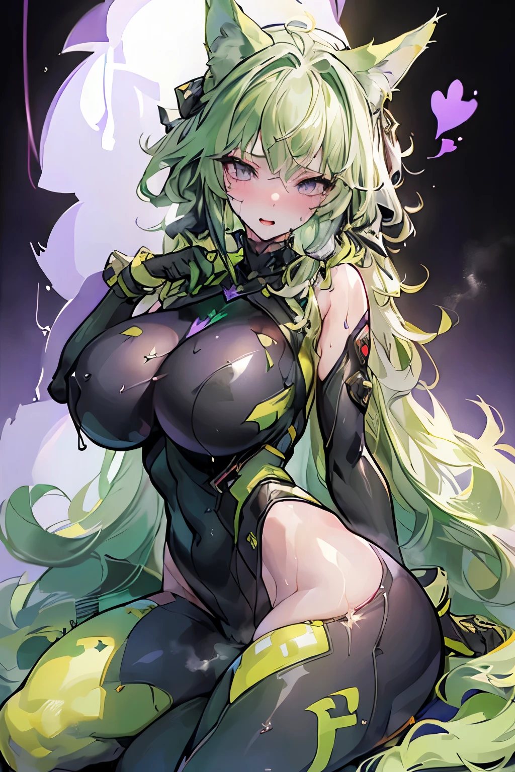 (((One Girl,Transparency,,Green wolf hair))),
((Huge breasts,Animal ears,Cat's Tail)),
Wet and risqué machine suit,Big thighs,Sweating profusely,Large amount of steam,
lure,first round,Purple string,Love scene,sit,