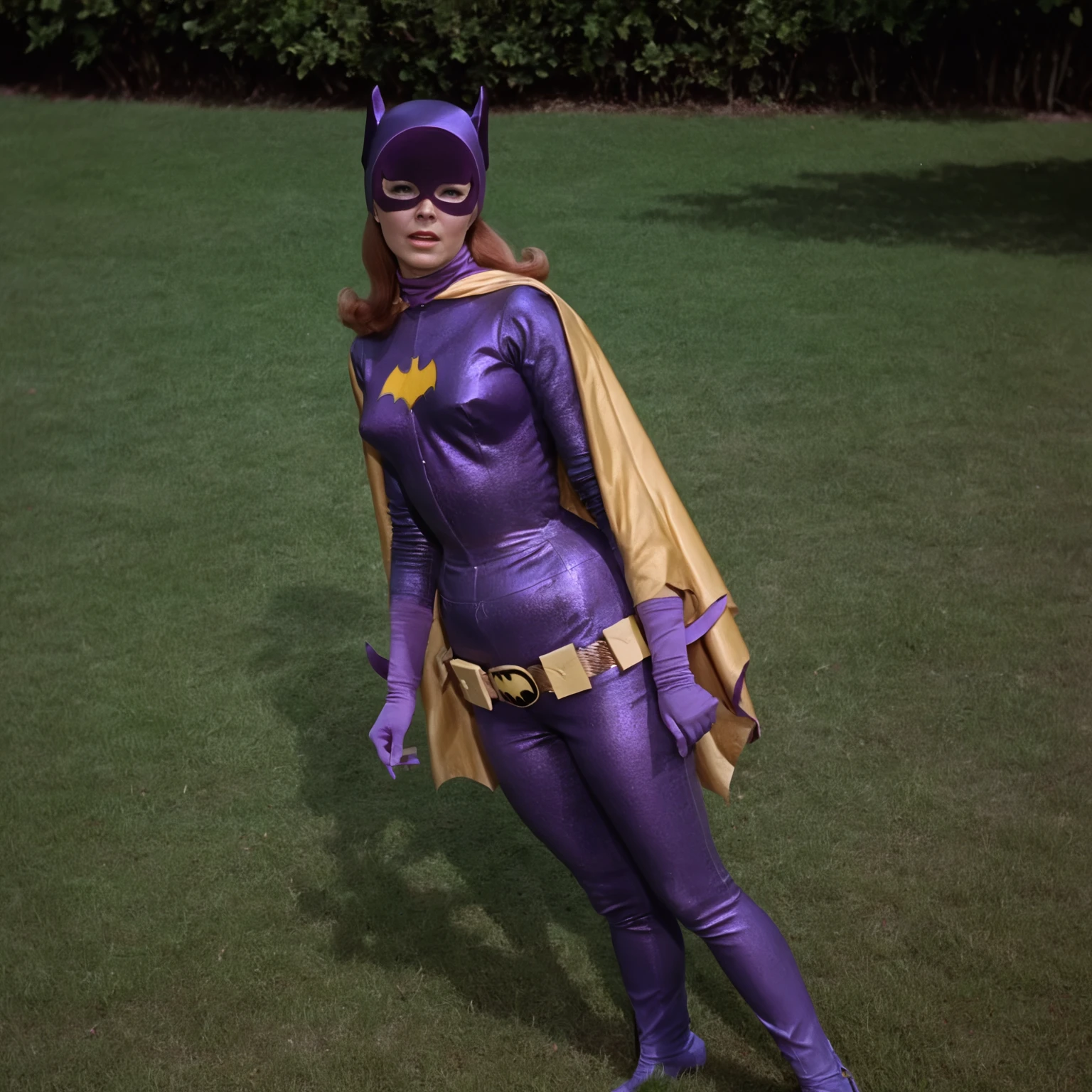 yvonne craig woman, standing, in peril, shrugged shoulders, her body is tied, she squeezed, she is in pain , 60's style, analog film, on grass, film grain