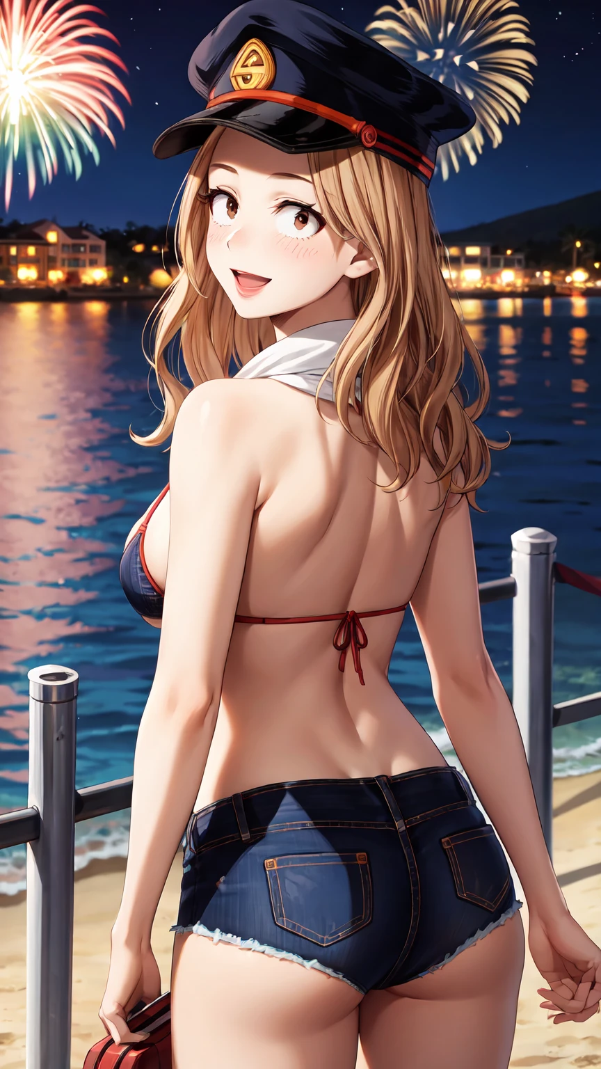 Masterpiece ,best quality , high resolution , (face view , look at view , head back , from back , from behind) , (1 girl solo:1.38) , (camie, long hair, brown hair, brown eyes, peaked cap , lipstick , eyeliner)) , (slim , tall , slender , thin) , (cleavage:1.05) , (big breast:1.06) , (wear bikini , denim_micro_short , fishnet stockinhs) , (outdoor , night , firework , beach , ocean , sea , blue sky ) , (open mouth , smile , full face blush , shy ) , (standing , thighs ) , (cowboy_shot)