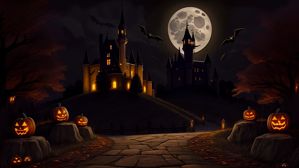 Cenario de Halloween, shining moon, natta, castle, path illuminated by moonlight, halloween, ghastly, dark path, grimdark, Terror