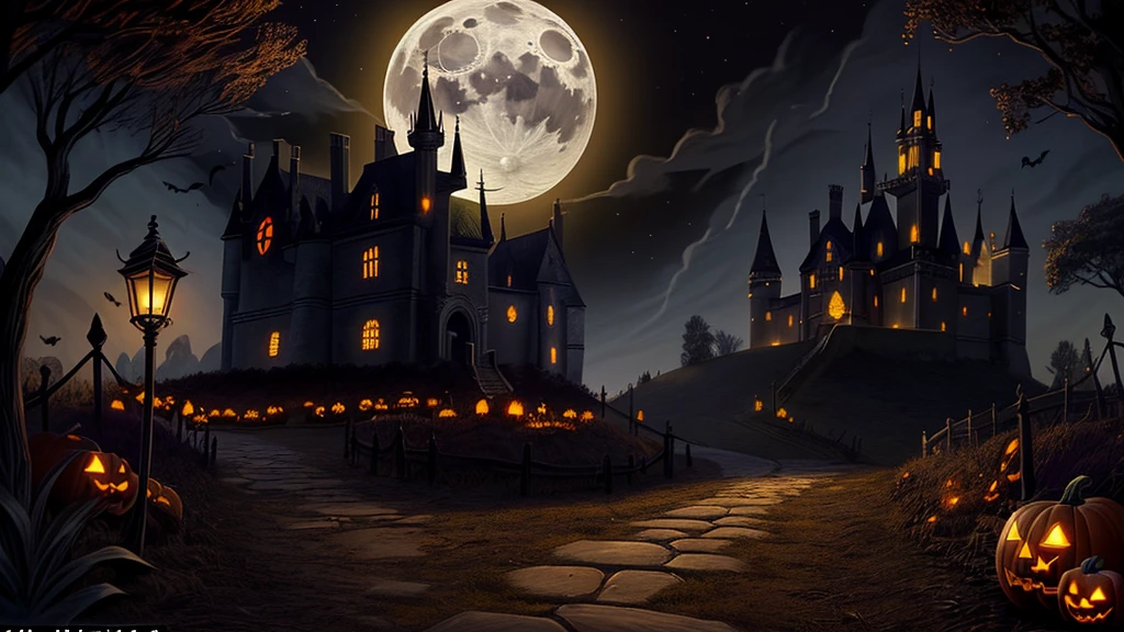 Cenario de Halloween, shining moon, natta, castle, path illuminated by moonlight, halloween, ghastly, dark path, grimdark, Terror