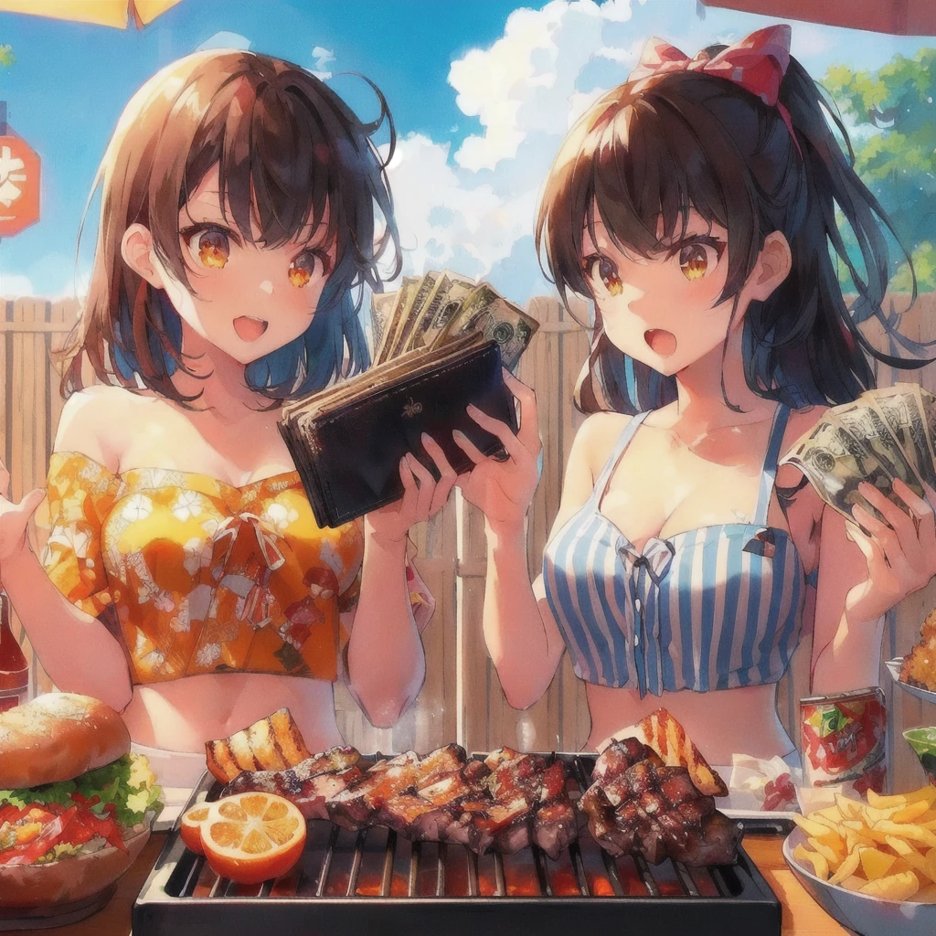 anime characters cooking on a grill with a lot of food, Grilling meat,Angry man holding wallet and bills,Anime Food, everyone, cooking it up, Kantai Collection Style, High quality anime art style, Anime Girls, two beautiful Anime Girls, 80s anime style,Lofi,Beautiful anime artwork, cooking show, Anime Background, cooking, Anime Moe Art Style, Hololive, Trending Anime Art, Beautiful and detailed anime art, High quality fan art, barbecue