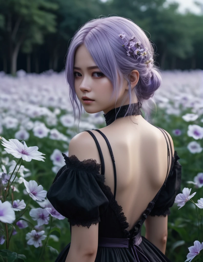 quality(8k wallpaper of extremely detailed CG unit, ​masterpiece, hight resolution, top-quality, top-quality real texture skin,hyper realisitic, digitial painting,increase the resolution,RAW photos，best qualtiy,highly detailed,the wallpaper),BREAK,8K, YoRHa in black messy and long dress , darkfantasy, standing in middle of white flower field , shot from back, long messy light purple hair, night, horror scene, horror movie, horror mood
