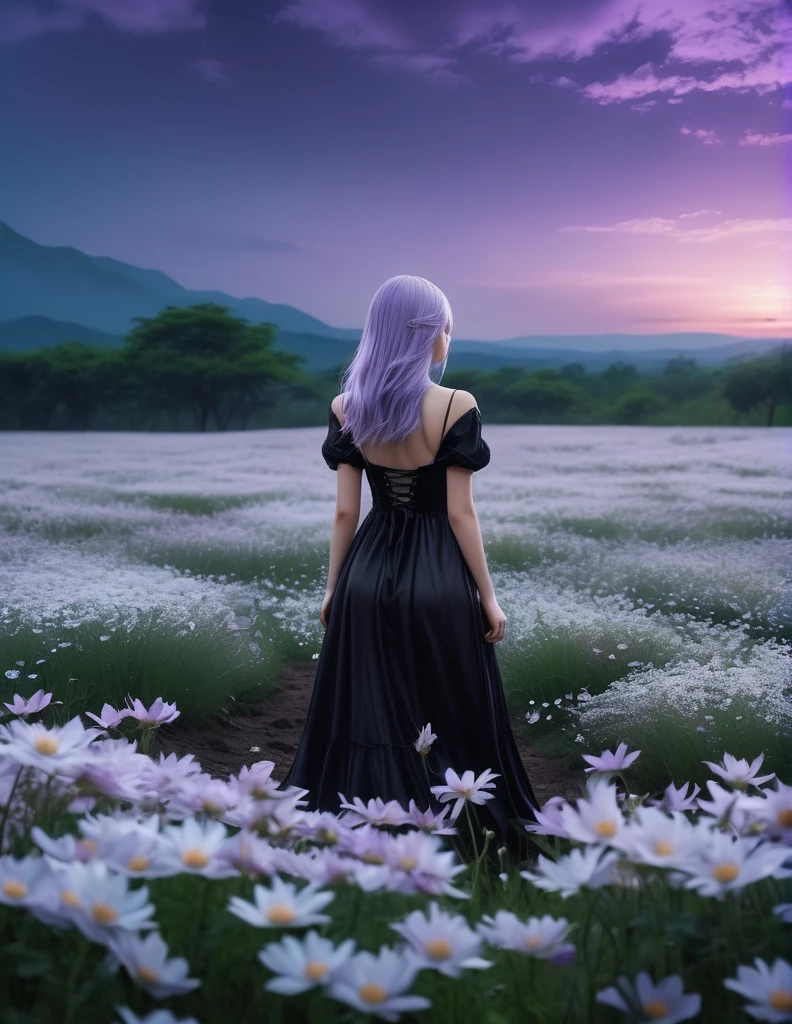 quality(8k wallpaper of extremely detailed CG unit, masterpiece, hight resolution, top-quality, top-quality real texture skin,hyper realisitic, digitial painting,increase the resolution,RAW photos,best qualtiy,highly detailed,the wallpaper),BREAK,8K, YoRHa in black messy and long dress , darkfantasy, standing in middle of white flower field , shot from back, long messy light purple hair, night, horror scene, horror movie, horror mood
