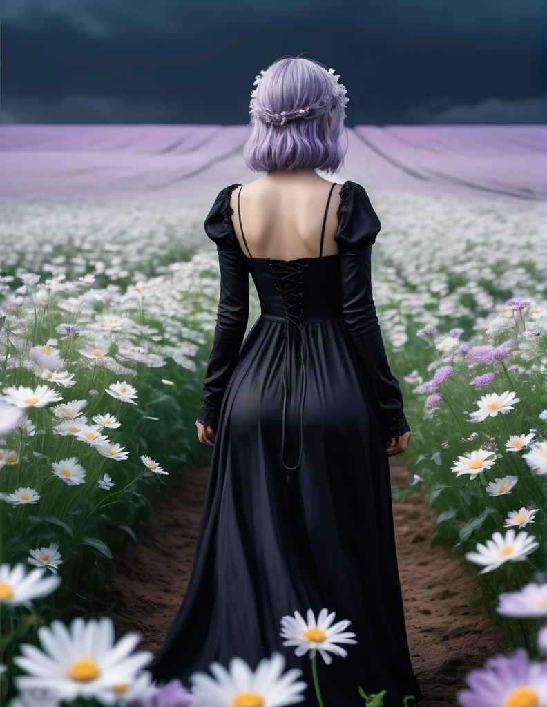 quality(8k wallpaper of extremely detailed CG unit, masterpiece, hight resolution, top-quality, top-quality real texture skin,hyper realisitic, digitial painting,increase the resolution,RAW photos,best qualtiy,highly detailed,the wallpaper),BREAK,8K, YoRHa in black messy and long dress , darkfantasy, standing in middle of white flower field , shot from back, long messy light purple hair, night, horror scene, horror movie, horror mood