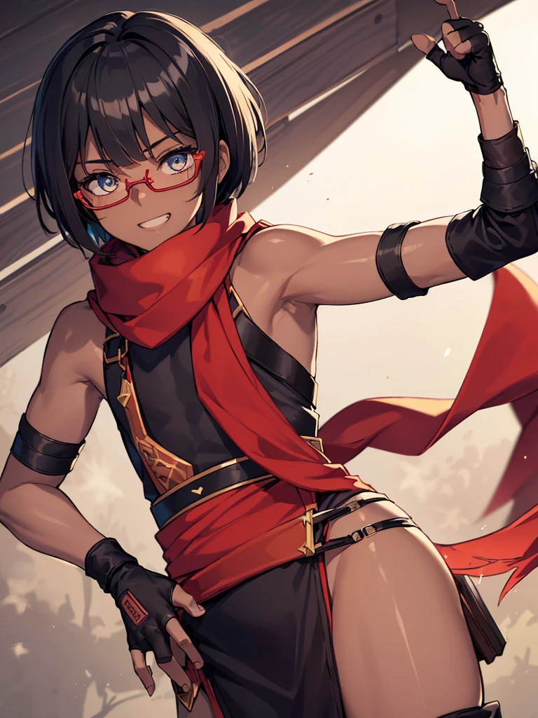 (flat chest:), (masterpiece:1.2), highest quality, High resolution, unity 8k wallpaper, (fine and beautiful eyes:1.6), highly detailed face, perfect lighting, Detailed CG, (perfect hands, perfect anatomy), (1 boy solo:1.4), 20 years old, black hair, extremely beautiful detailfeminine face and eyes, (evil smile:1.4), detailed eyes, best quality,( dark skin:1.8), (turtleneck shirt under yukata:1.2), (bike shorts:1.2), extremely detailed, very precise detailed, (glasses:1.3), blunt bangs, open mouth, (very short pixie cut:1.2), boots,fingerless gloves, smile, half closed eyes, ,(on kawara roof),night sky, ,long sidelocks,(long red Scarf),(yukata),(squatting), ears,(acrobat pose:1.3),(squat:1.3),leaning forward,(one knee dwon:1.5),(Put one foot in front:1.3),(stylish pose:1.4),(2 legs:1.9),(arm up:1.4),(grab katana:1.3)