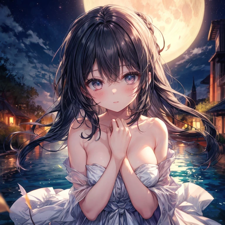Black Hair Girl、Braid、Upper body naked、Cute girl、Blushing、A night when the moon shines brightly⦅naked, Cover your chest with your arms、Lake of the moonlit night、The girl is in water up to her waist、Cleavage、Beautiful in the moonlight、Girl's skin⦆