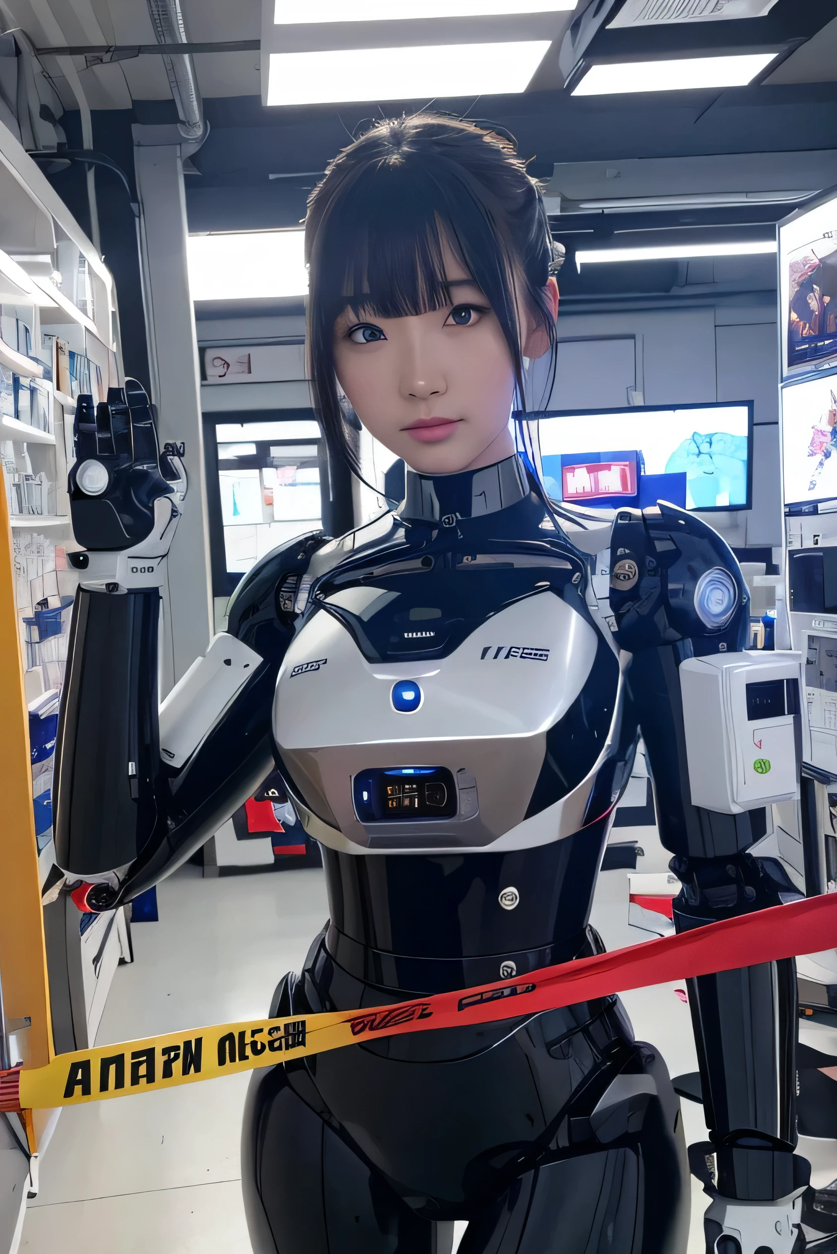 masterpiece, best quality, extremely detailed, Japaese android girl,Plump ,control panels,android,Droid,Mechanical Hand, Robot arms and legs,Blunt bangs,perfect robot girl,long tube,thick cable connected her neck,android,robot,humanoid,cyborg,japanese cyborg girl ,robot-assembly plant,She has assembled now,assembly scene,chest monitor,blue eyes