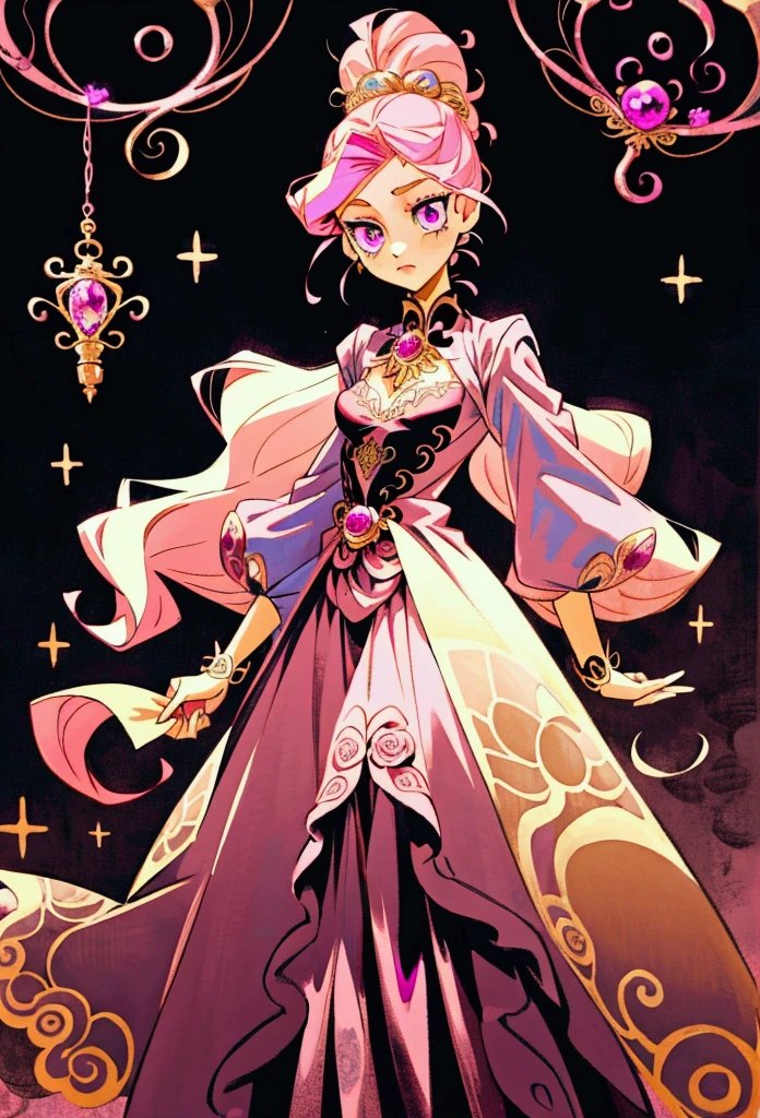 Create an anime-style girl with deep magenta eyes and long, wavy pink hair styled in an elegant updo. She is slender with small breasts. She wears a magical girl-themed outfit with regal and ethereal elements, featuring a gold, pastel pink, and rose gold color scheme. The outfit has intricate spider web patterns and motifs, combining elegance and fantasy with a magical girl aesthetic.