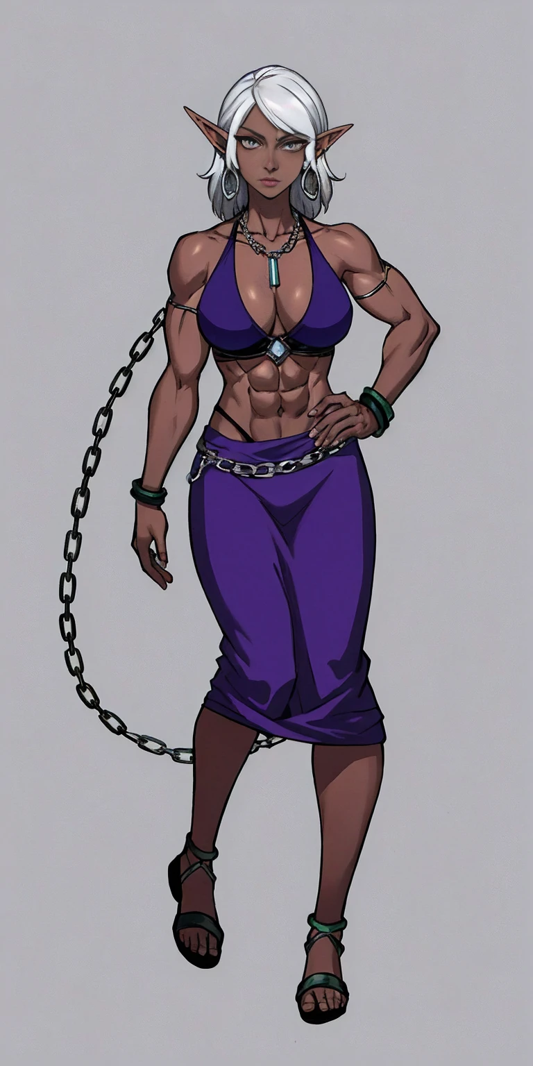 Appearance
Gender: Female
Age: Mature
Race: Drow (elf with dark skin and white hair)
Height: Full-body
Skin: Gray
Skin: Gray
Background: Plain Gray
Eyes: Purple
Attire: Bikini, revealing abdominal muscles
Accessories: Large earrings, ragged rags, chain necklace