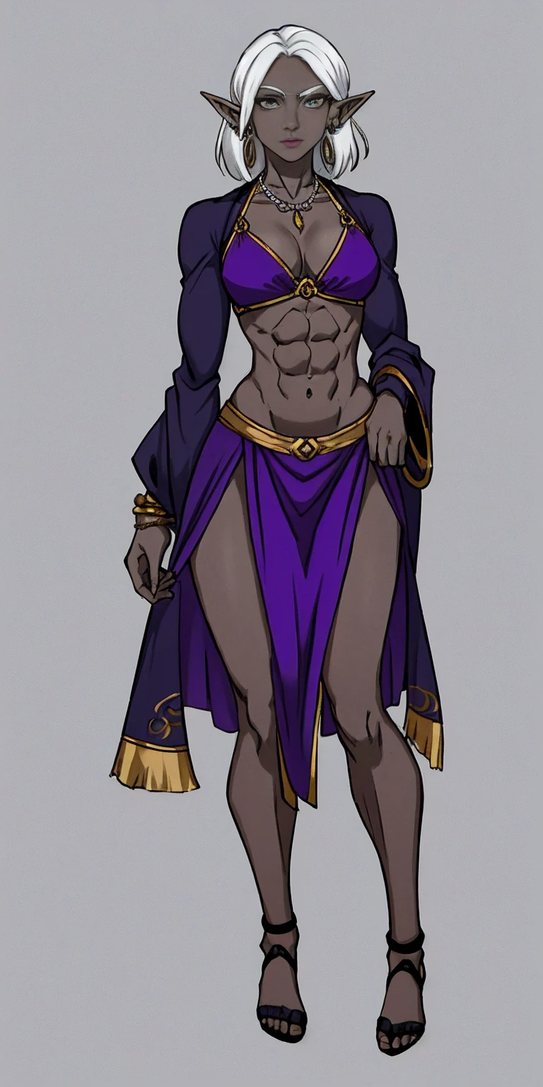 Appearance
Gender: Female
Age: Mature
Race: Drow (elf with dark skin and white hair)
Height: Full-body
Skin: Gray
Skin: Gray
Background: Plain Gray
Eyes: Purple
Attire: Bikini, revealing abdominal muscles
Accessories: Large earrings, ragged rags, chain necklace