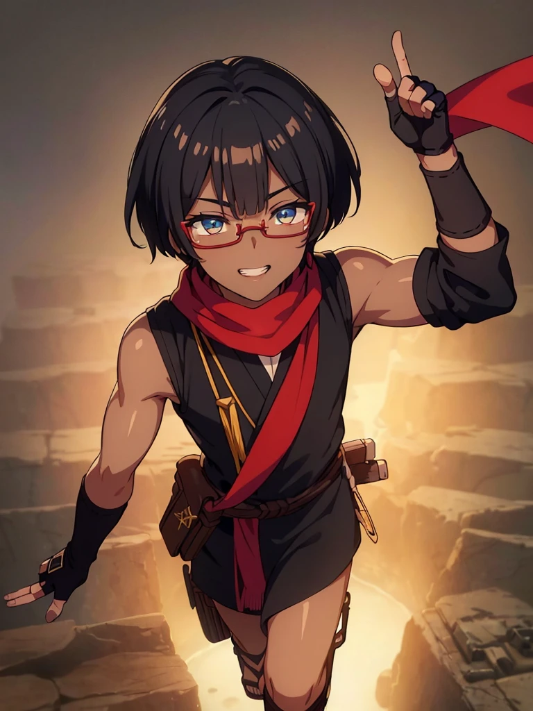 (flat chest), (masterpiece:1.2), highest quality, High resolution, unity 8k wallpaper, (fine and beautiful eyes:1.6), highly detailed face, perfect lighting, Detailed CG, (perfect hands, perfect anatomy), (1 boy:1.4), 20 years old,( black hair:1.3), extremely beautiful detailfeminine face and eyes, (grin smile), detailed eyes, best quality,( dark skin:1.8), extremely detailed, very precise detailed,(glasses:1.3), blunt bangs, open mouth, (very short pixie cut:1.2), (geta:1.2),(fingerless gloves:1.5), half closed eyes,long sidelocks,(long red Scarf:1.3),(sleeveless yukata), (flying_kick:1.2),