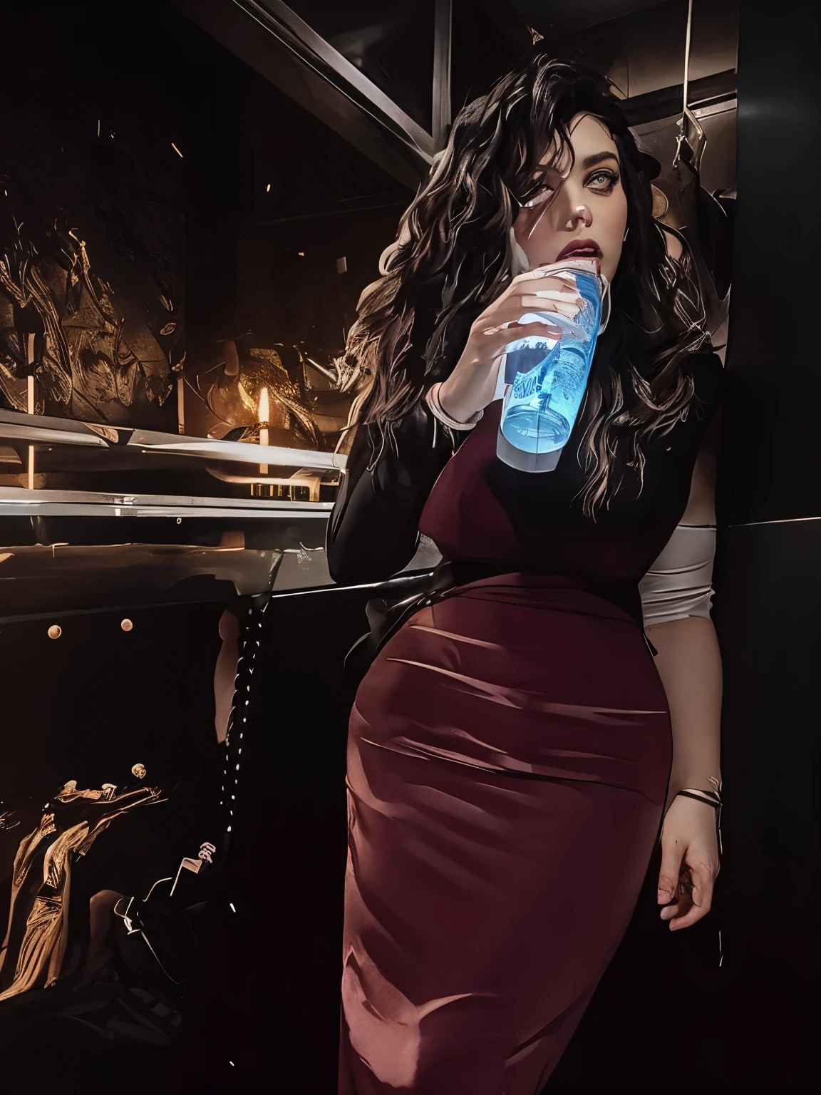 there is a woman in a black dress holding a bottle of water, Charli XCX, by John LaGatta, Charli Bowater, Promotional image, by Wayne England, in a night club, with a drink, yenfer, by Galen Dara, plus size woman, yenfer of vengerberg, drunk purple, by Kurt Roesch