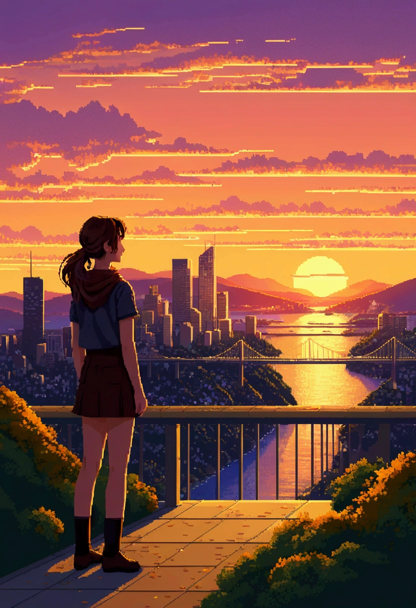 pixel art, (((sunset))), one girl, flat color, Golden ratio, {masterpiece:1.5}, beautiful sunset cityscape, Scottish landscape, office towers, forest, mountains, ocean, bridges, leaves, city lights, sidescroller, The picture fills the canvas, {flowing:1.2}, dynamic angle