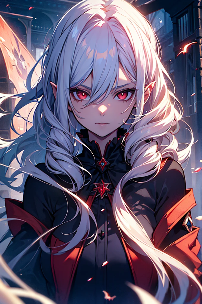 With white hair,beautiful as a fairy,A cute expression that stirs affection,side face,floating hair,light particles,glare,vivid,fancy,dreamlike,a dim atomshpere, ((Vampire Girl)) ((Vampire Princess)) ((Dark Fantasy)) ((Red-Eyes)) ((Mature))