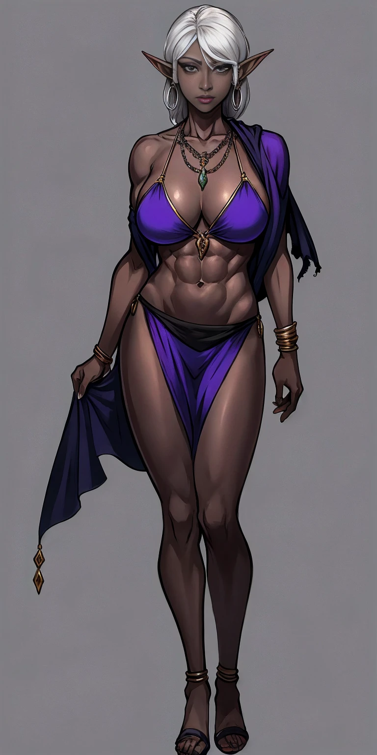 Appearance
Gender: Female
Age: Mature
Race: Drow (elf with dark skin and white hair)
Height: Full-body
Skin: Gray
Skin: Gray
Background: Plain Gray
Eyes: Purple
Attire: Bikini, revealing abdominal muscles
Accessories: Large earrings, ragged rags, chain necklace