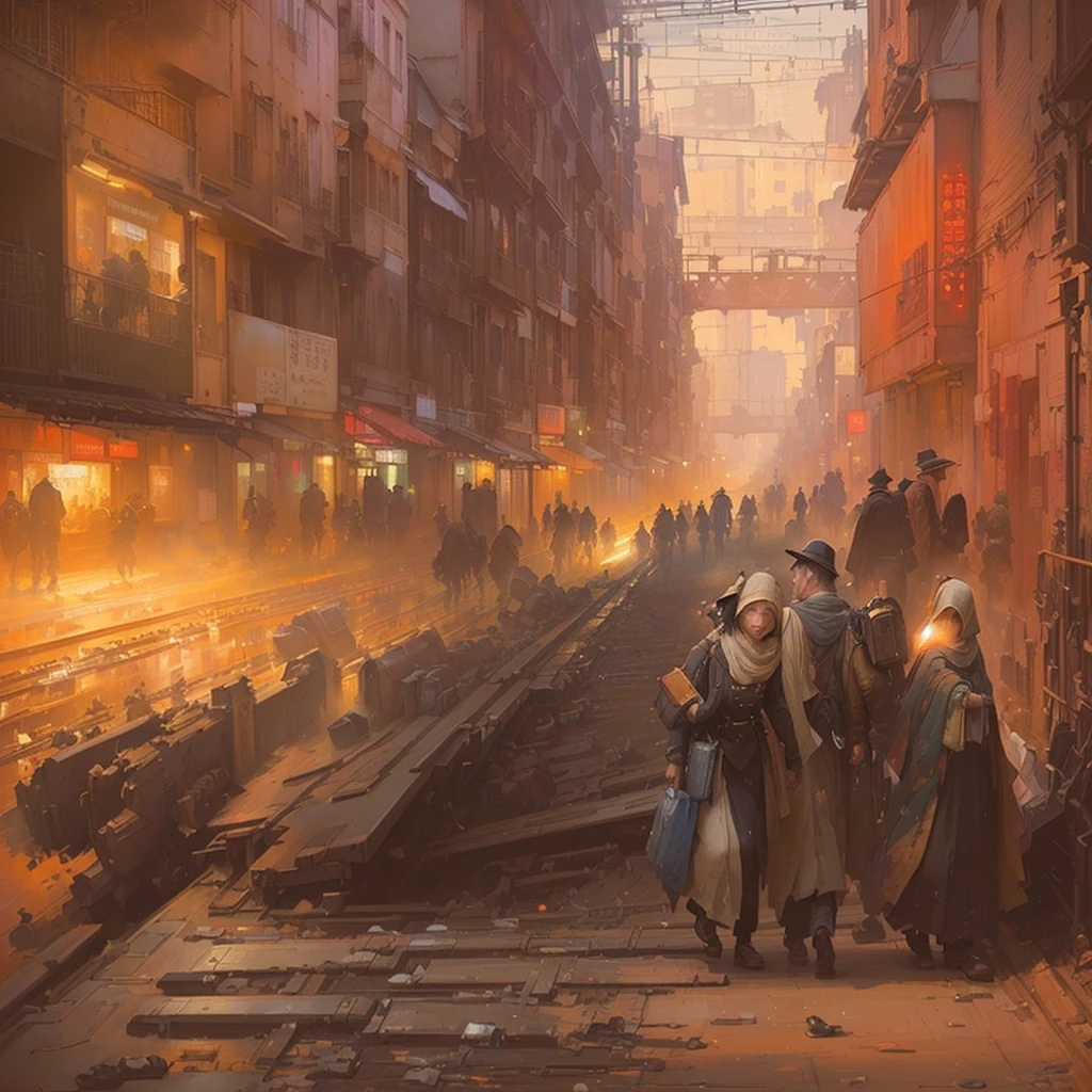 people々A painting of a street with people walking and a train on the tracks, inspired Craig Mullins, Craig Mullins, Craig Mullinsはまだらの照明, Craig Mullinsスタイル, Inspired by Carl Spitzweg, Craig Mullins ネクロ, James Gurney&#39;s painting style, Craig Mullins グレッグ・ルトコウスキー, Painterly concept art, Inspired by James Gurney, City concept art Blazing flames, fire, crowd, throng, freezing, mother warming her .Scenery and Cityscape in the Early Meiji Era After the Meiji Restoration, Japan underwent rapid modernization and civilization. Consequently, many changes and reforms occurred. Below is a detailed explanation of the scenery, appearance of the poor, occupations, and cityscapes in the early Meiji period (1868 to the early 1880s). 2. Appearance of the Poor Life for the impoverished and lower classes remained harsh. In particular, in urban areas, people migrated from rural areas or unemployed artisans gathered, intensifying competition in the labor market. Many of them struggled with poverty, often residing in slums or around temples. 3. Occupations Meiji early Japan witnessed a diversification of occupations. Traditional agriculture and handicrafts were accompanied by the rise of modern industry and commerce. Particularly in urban areas, factory workers, shop clerks, and transporters increased, giving rise to new professions. However, many in these occupations endured harsh working conditions. 4. Influence of Civilization and Enlightenment During the Meiji era, Western cultural influences spread rapidly. Changes in clothing, dietary habits, and the proliferation of Western-style architecture advanced, especially in urban areas. Conversely, this development posed a threat to traditional culture and lifestyles, resulting in societal upheaval and adaptation challenges. 5. Social Change and Policy Influence While promoting modernization policies, the government also addressed poverty and social issues. Legislation for labor protection and charitable activities to aid the poor were implemented. Nevertheless, living conditions for the impoverished scarcely improved. The early Meiji period marke