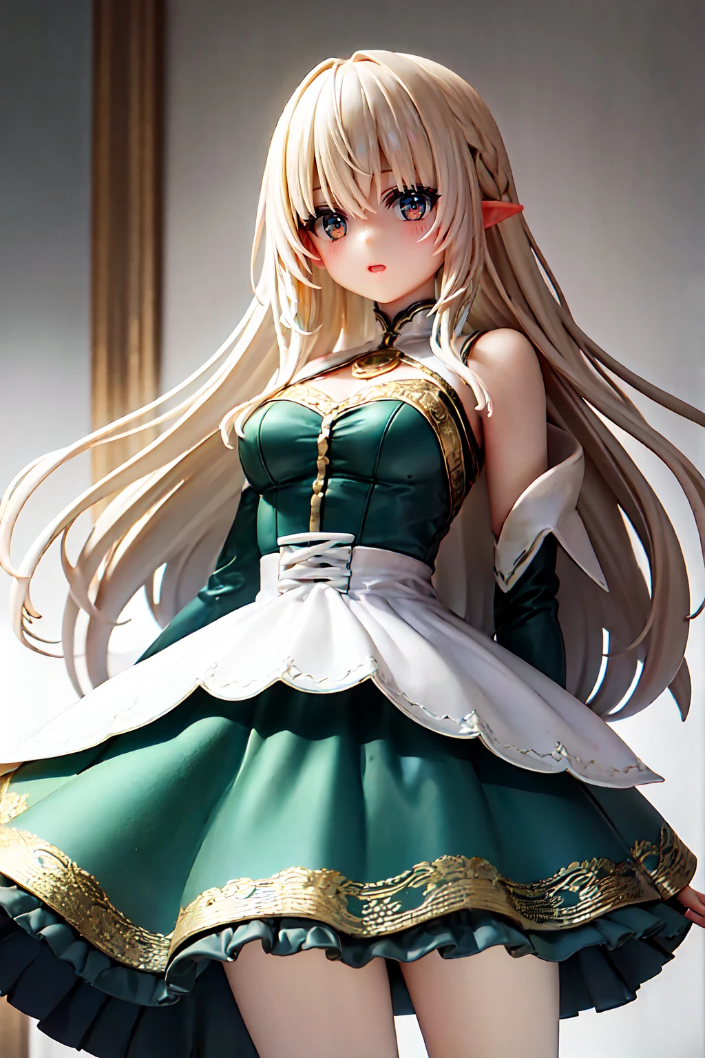 masterpiece, Highest quality, Attention to detail, Light and darkness intertwined, Cowboy Shot, unity mature women, Fairy, Platinum Blonde Hair,Long Hair, Green Dress, (Sw\(Chambu\):1.2), Gray background,