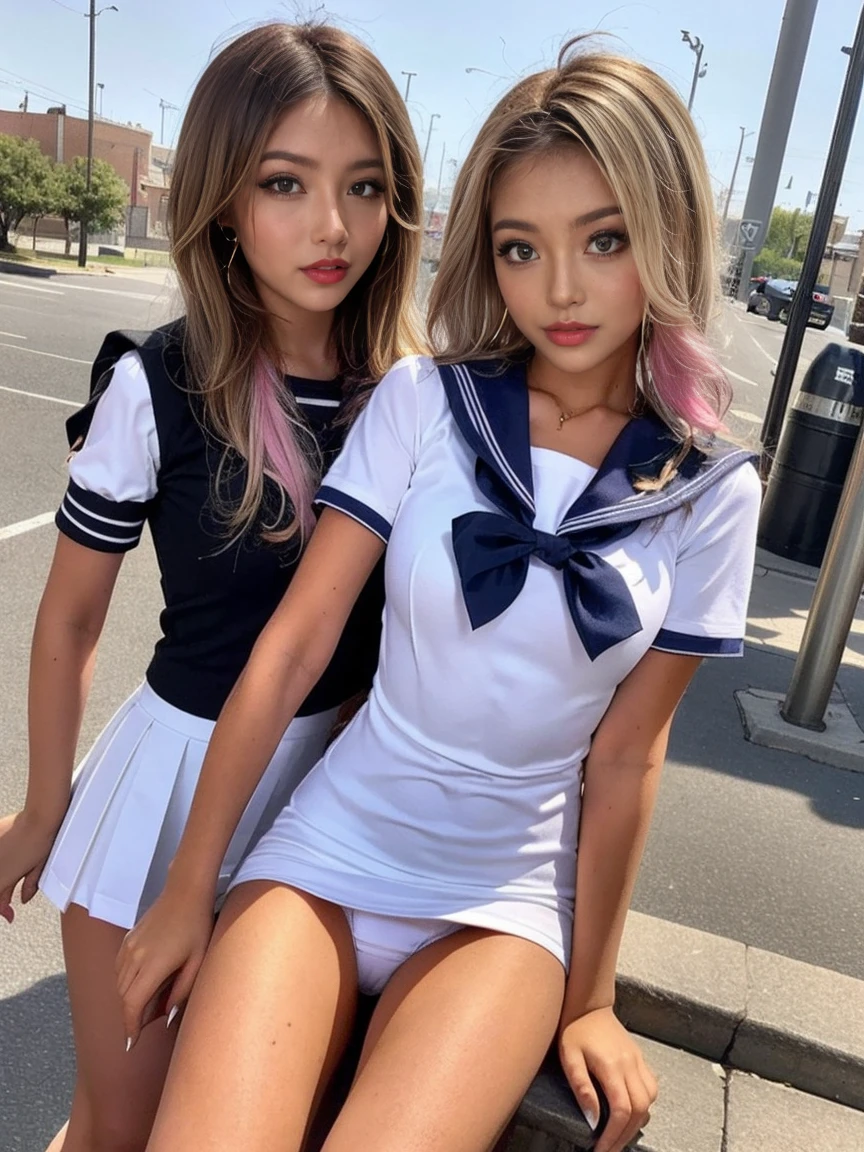 Two people high school girl wearing a miniskirt:1.9,((Two people high school girl:2)),((Two people:2)),Dynamic Angle, Perfect body, night,moonlight,Exterior lights,gal, (Anatomically correct),masterpiece, highest quality, RAW Photos, Realistic, face,, Beautiful girls, cute, Written boundary depth, High resolution, Super detailed, detailed, ighly detailedd, Extremely detailed eye and realistic student, pale and tanned skin,Two peopleで,woman,(panties), (Short-sleeved sailor uniform:1.4),Spread your legs,Wide Hips, ((sensuous;1.5)), Glamour, Big Breasts,Sunburn marks on tanned skin,Pink Hair,bionde,Platinum Hair,Brown Hair,orange,Wavy Hair,Shortcuts,Pixie Cut,Cosplay,building,intersection,stage,Pedestrian bridge,vending machine,night,深night,Blurred Background:1.2,White panties,Pink panties,Yellow panties,Black panties,GirlTwo people:2,Two people:2, high school girl,