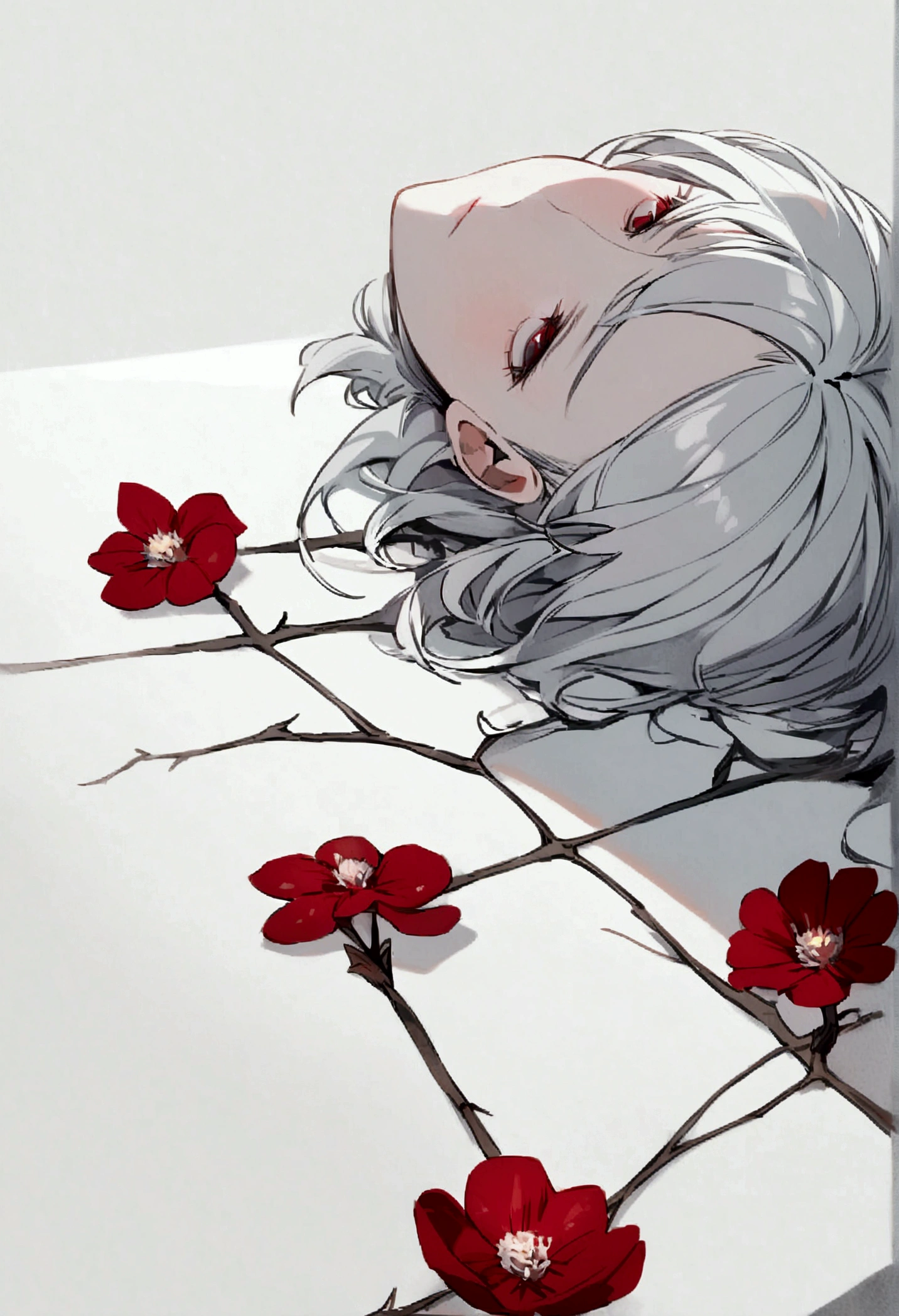 one young man, (((male))), (((man))), (((one person))), (((single))), (((solo))), 1guy, (((white skin))), (((white colored skin))), (((white-skinned))), ((marble skin)), ((porcelain skin)), (((white hair))), (((white colored hair))), (((red colored eyes))), ((medium short hair)), (chin-length hair), ((wavy hair)), (((slim body))), (((very flat chest))), (((flat chest))), (((wearing fantasy clothes))), ((fantasy style)), ((wearing flowers in his hair)), flowercrown, ((pointy ears)), sunny weather, smooth skin, ((alone)), smiling, (((cracks in the skin))), (fissures in the skin), ((black ink splatters on face)), ((black ink splatters)), (black ink stains on clothes), ((black ink dripping)), ((skin cracking like porcelain)), (((scars all over the body))), ((many black scars)), black paint splatters on body, black paint splashing