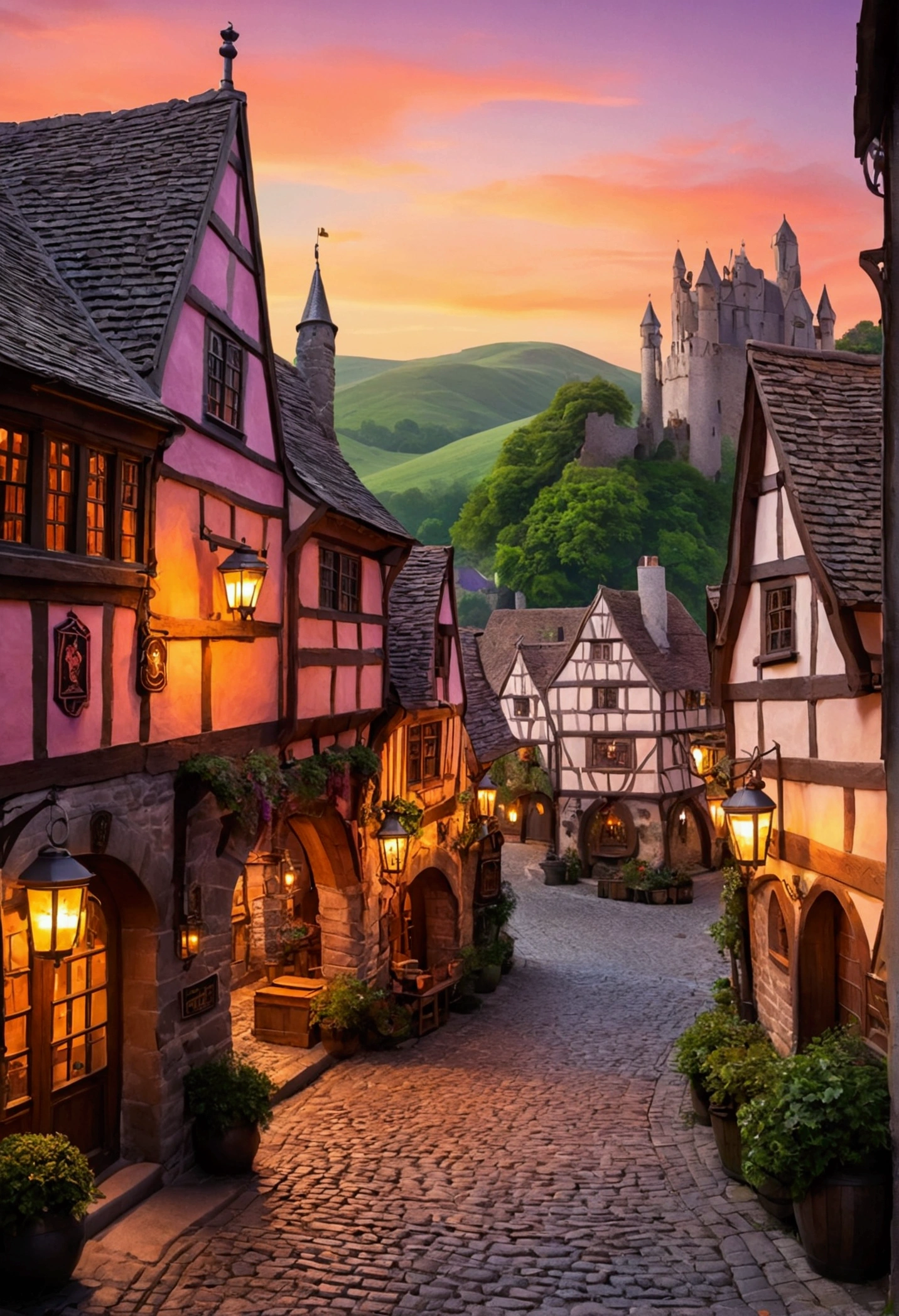 A fantastical townscape in a medieval European style, featuring an adventurer's guild and several quaint taverns lining cobblestone streets. The scene is set at sunset, with the sky painted in warm hues of orange, pink, and purple. The buildings have intricate stone and wooden architecture, with ivy climbing the walls and lanterns beginning to glow softly. The cobblestone streets are empty, but the atmosphere is lively and inviting, with signs hanging from the taverns and the adventurer's guild's crest proudly displayed. In the background, rolling hills and a distant castle can be seen, completing the enchanting scene