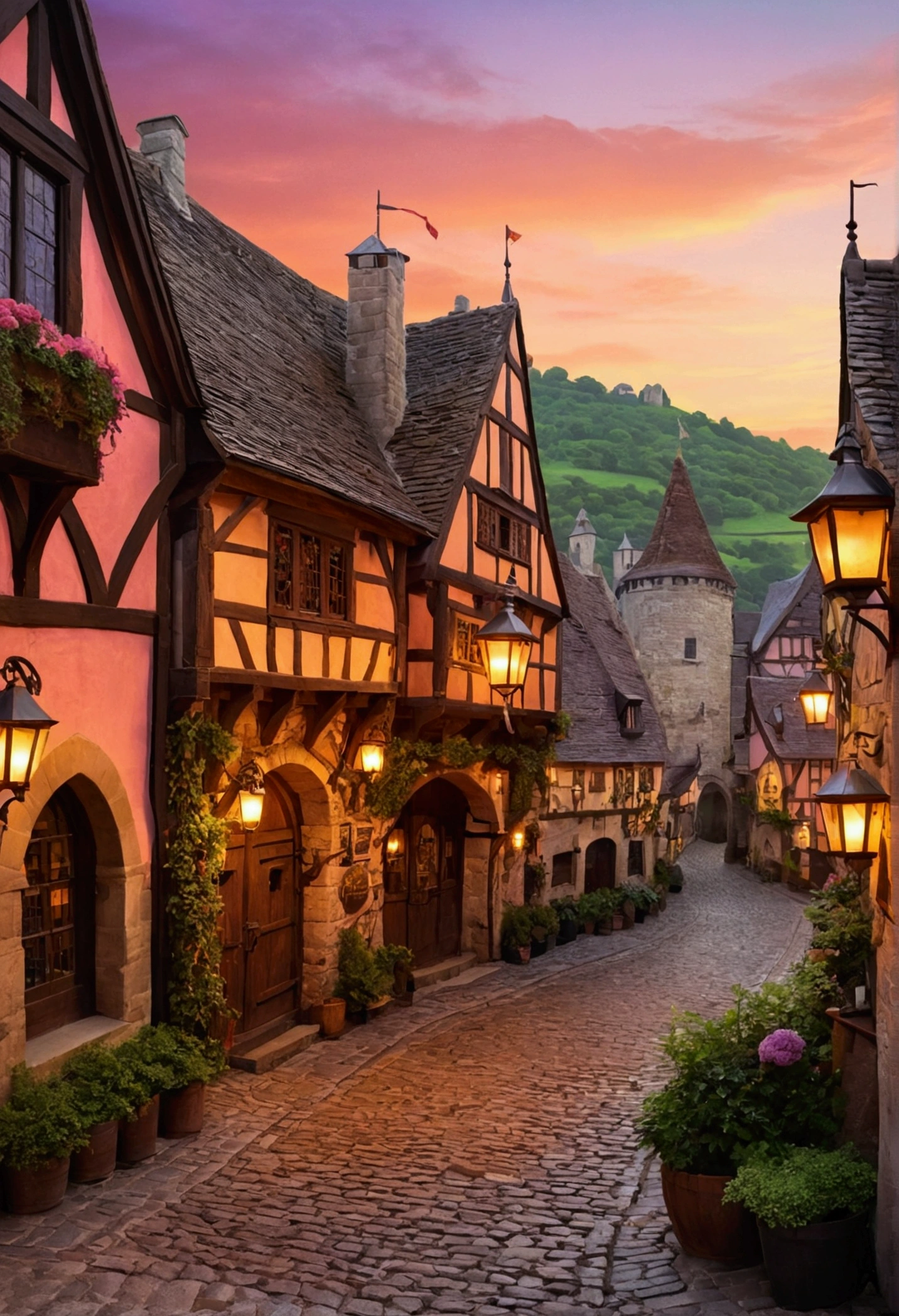 A fantastical townscape in a medieval European style, featuring an adventurer's guild and several quaint taverns lining cobblestone streets. The scene is set at sunset, with the sky painted in warm hues of orange, pink, and purple. The buildings have intricate stone and wooden architecture, with ivy climbing the walls and lanterns beginning to glow softly. The cobblestone streets are empty, but the atmosphere is lively and inviting, with signs hanging from the taverns and the adventurer's guild's crest proudly displayed. In the background, rolling hills and a distant castle can be seen, completing the enchanting scene