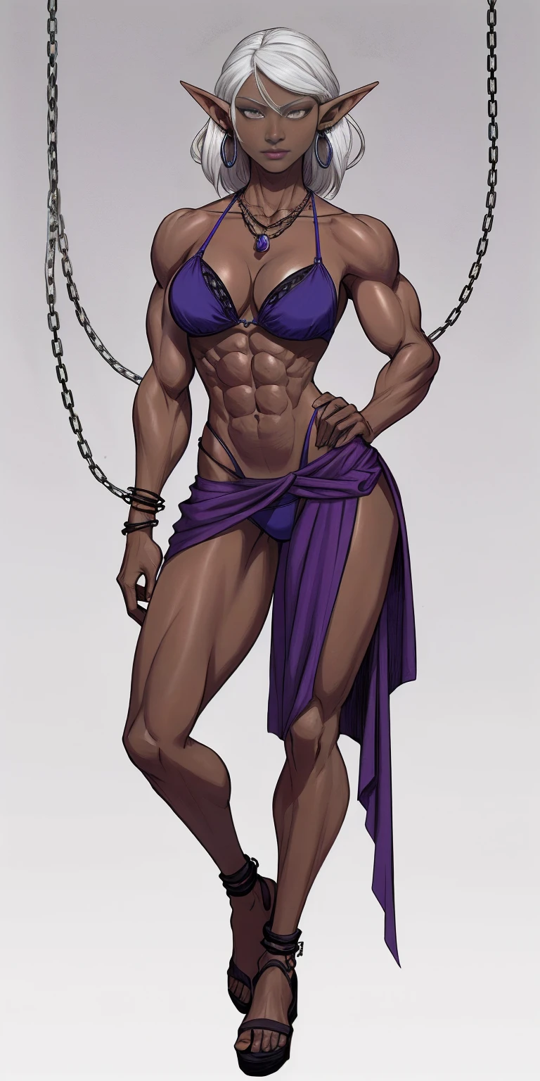 Appearance
Gender: Female
Age: Mature
Race: Drow (elf with dark skin and white hair)
Height: Full-body
Skin: Gray
Skin: Gray
Background: Plain Gray
Eyes: Purple
Attire: Bikini, revealing abdominal muscles
Accessories: Large earrings, ragged rags, chain necklace